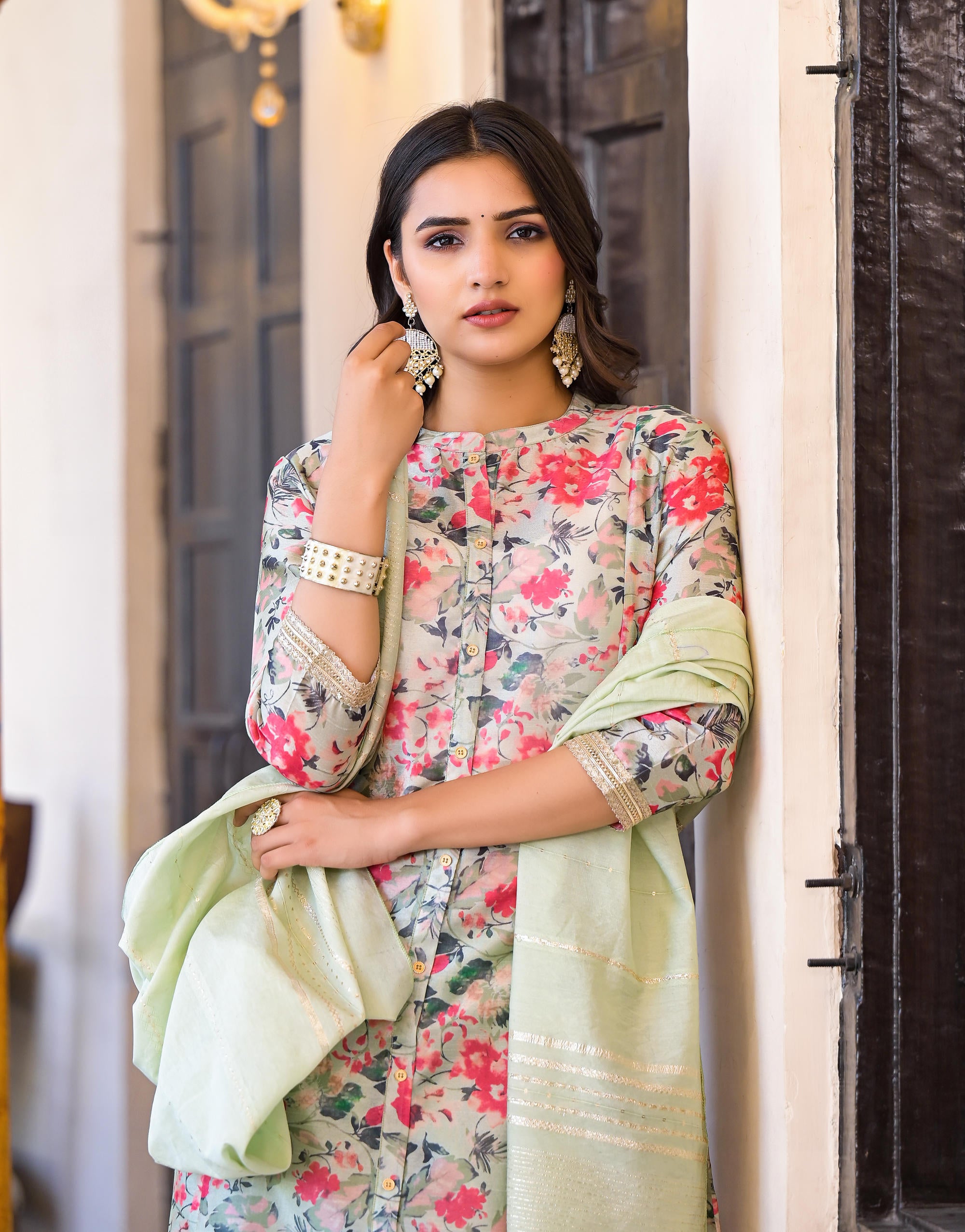 Off White Floral Printed Silk Kurta Set With Sequins & Buttons