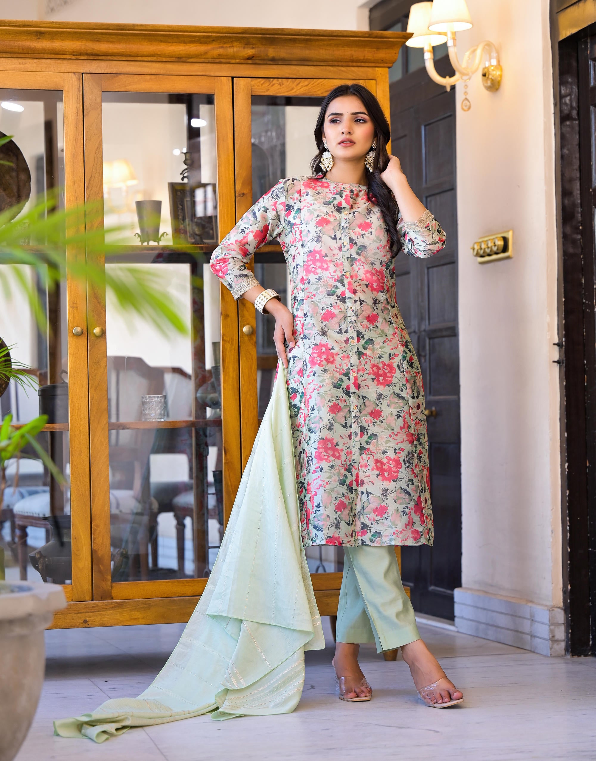 Off White Floral Printed Silk Kurta Set With Sequins & Buttons