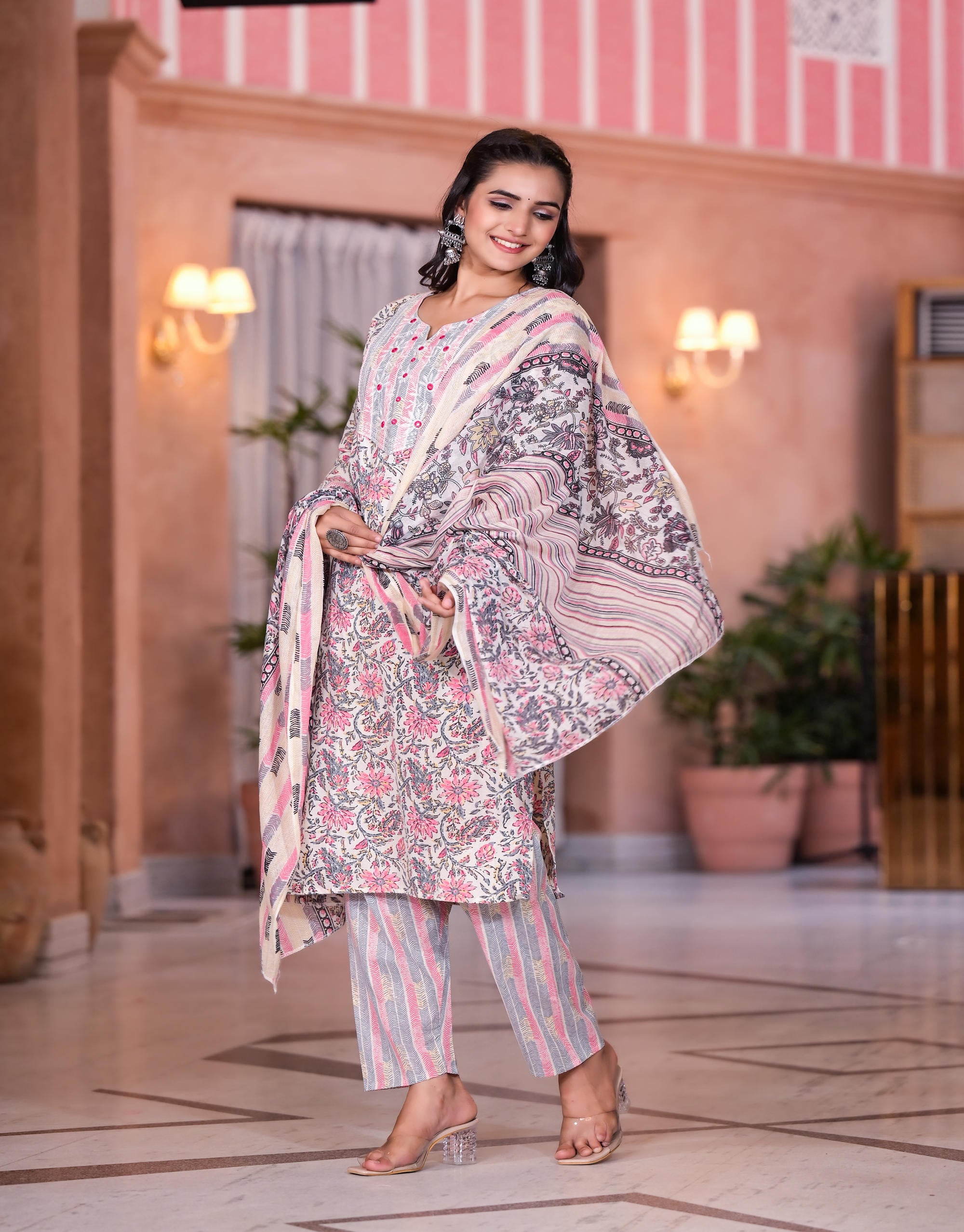 Peach Floral Printed Cotton Kurta Set With Mirror & Thread Work