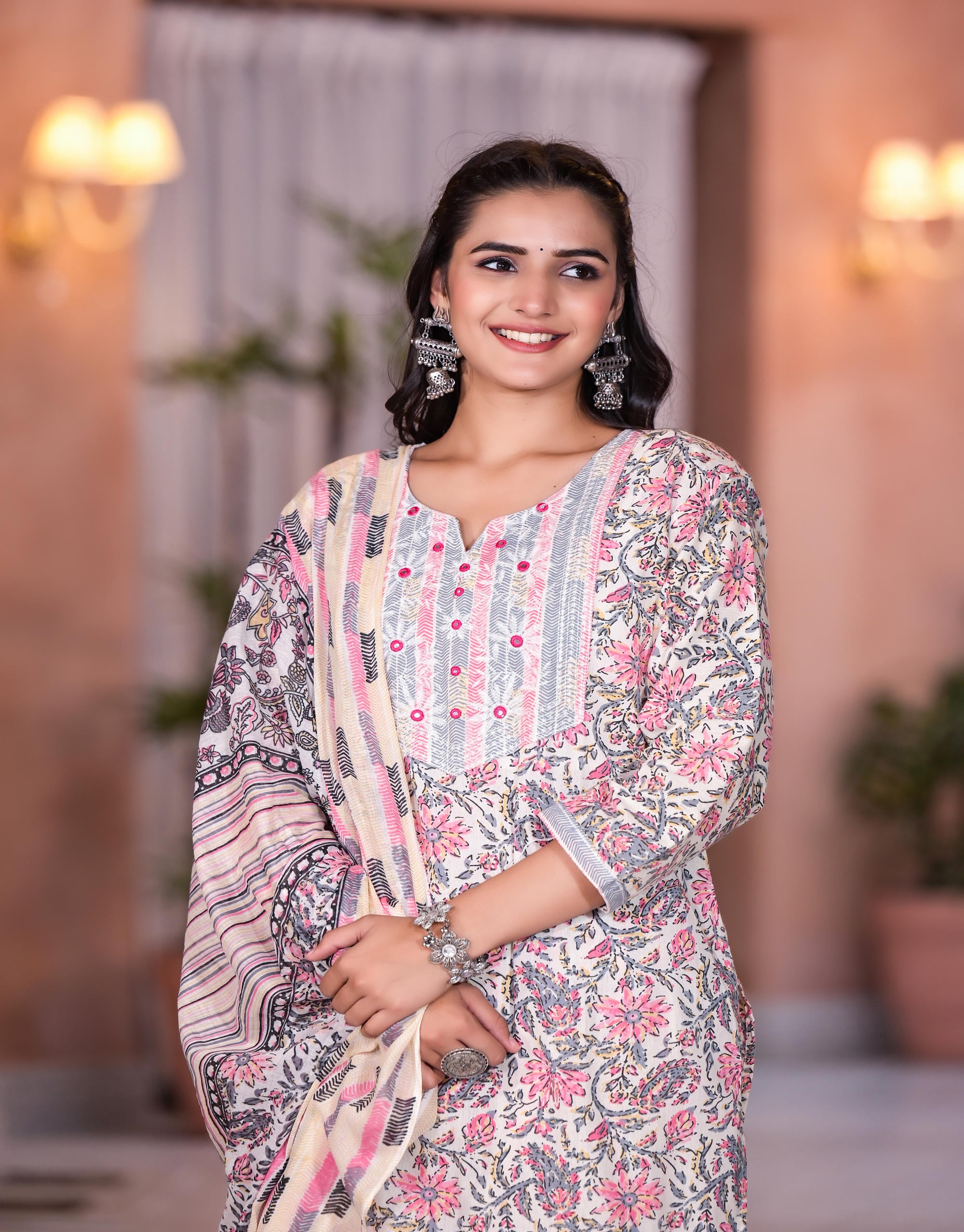 Peach Floral Printed Cotton Kurta Set With Mirror & Thread Work