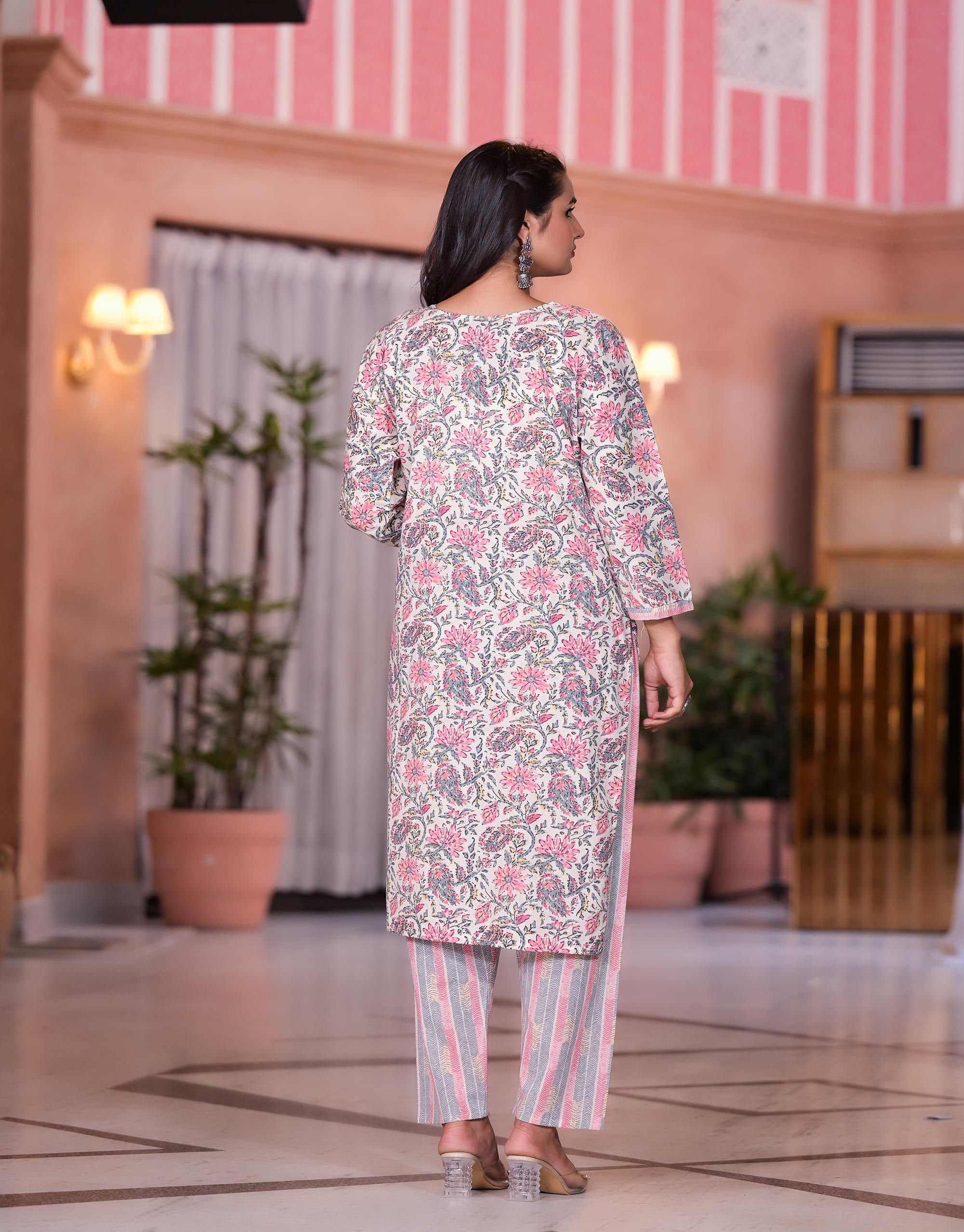 Peach Floral Printed Cotton Kurta Set With Mirror & Thread Work