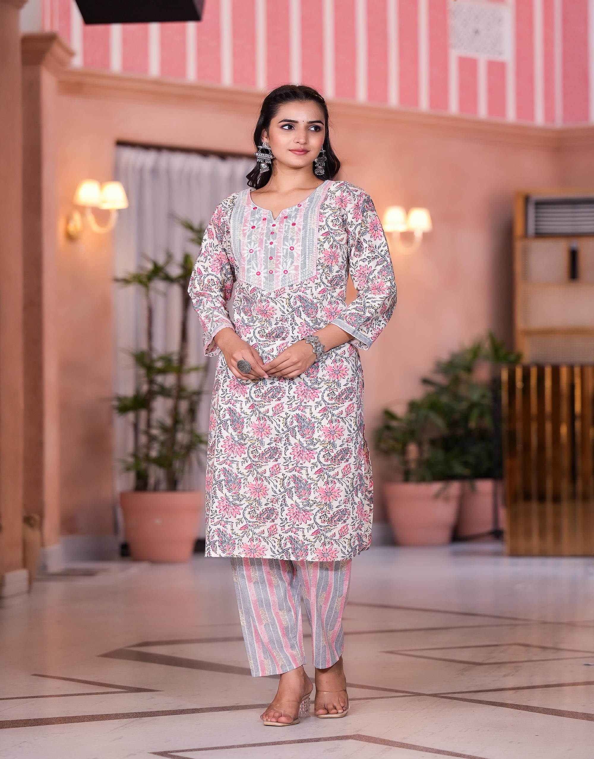 Peach Floral Printed Cotton Kurta Set With Mirror & Thread Work