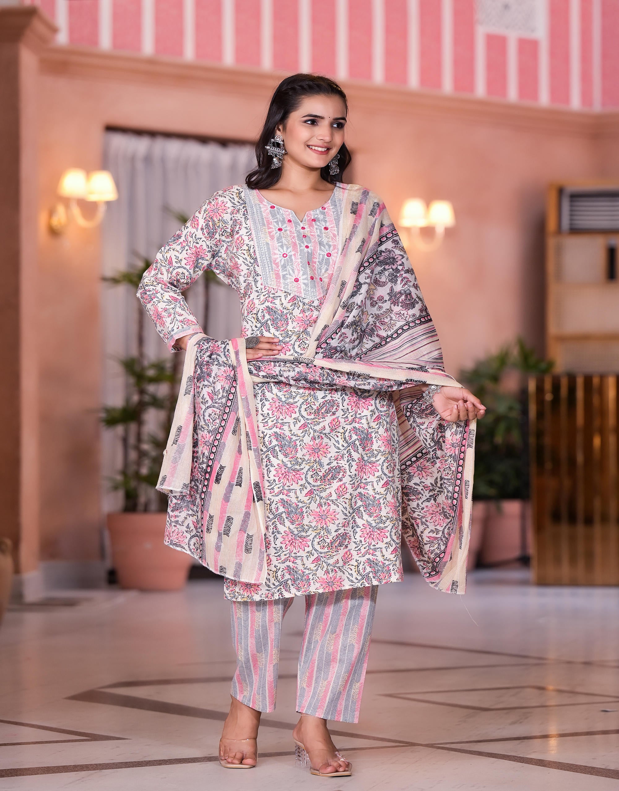 Peach Floral Printed Cotton Kurta Set With Mirror & Thread Work