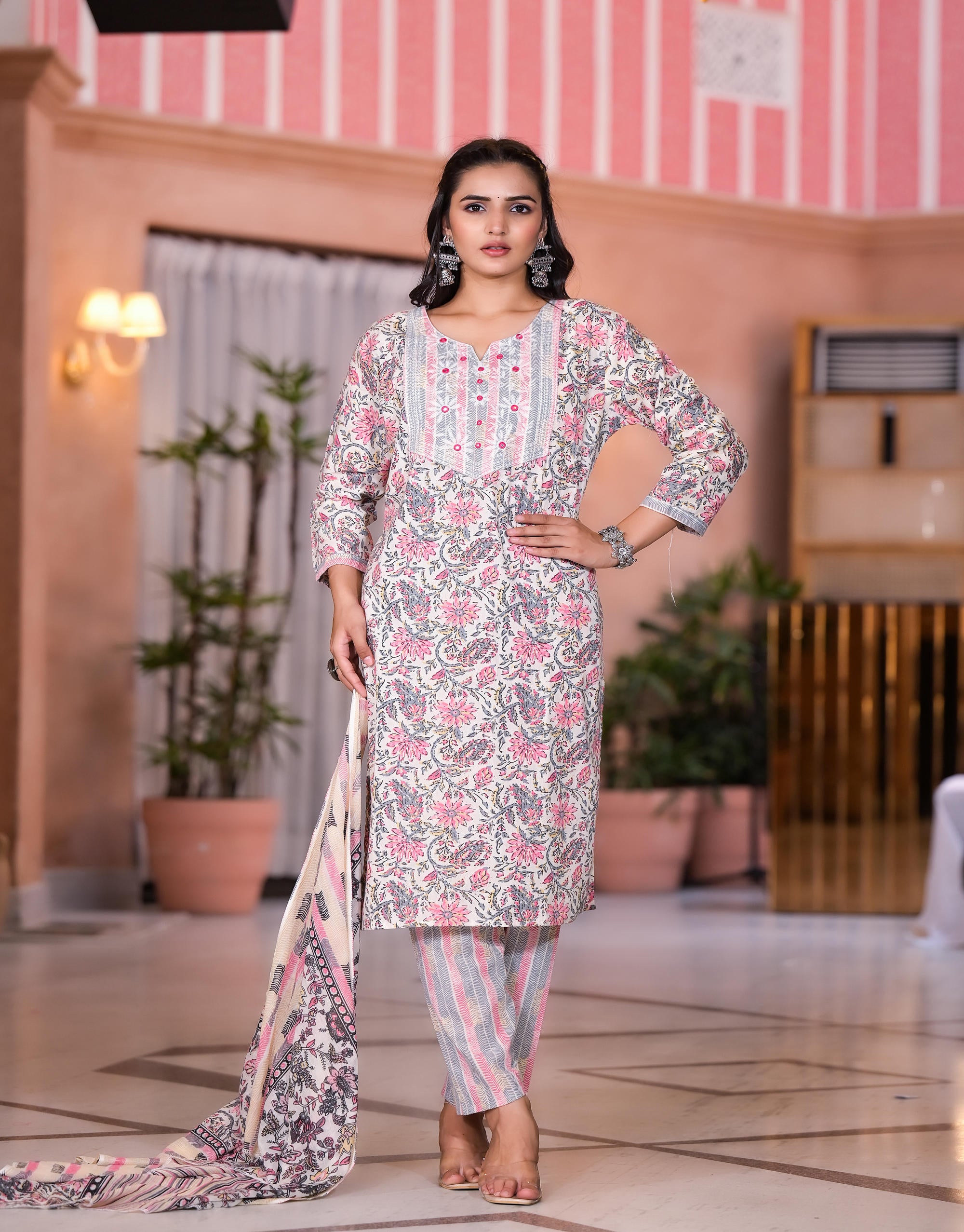 Peach Floral Printed Cotton Kurta Set With Mirror & Thread Work