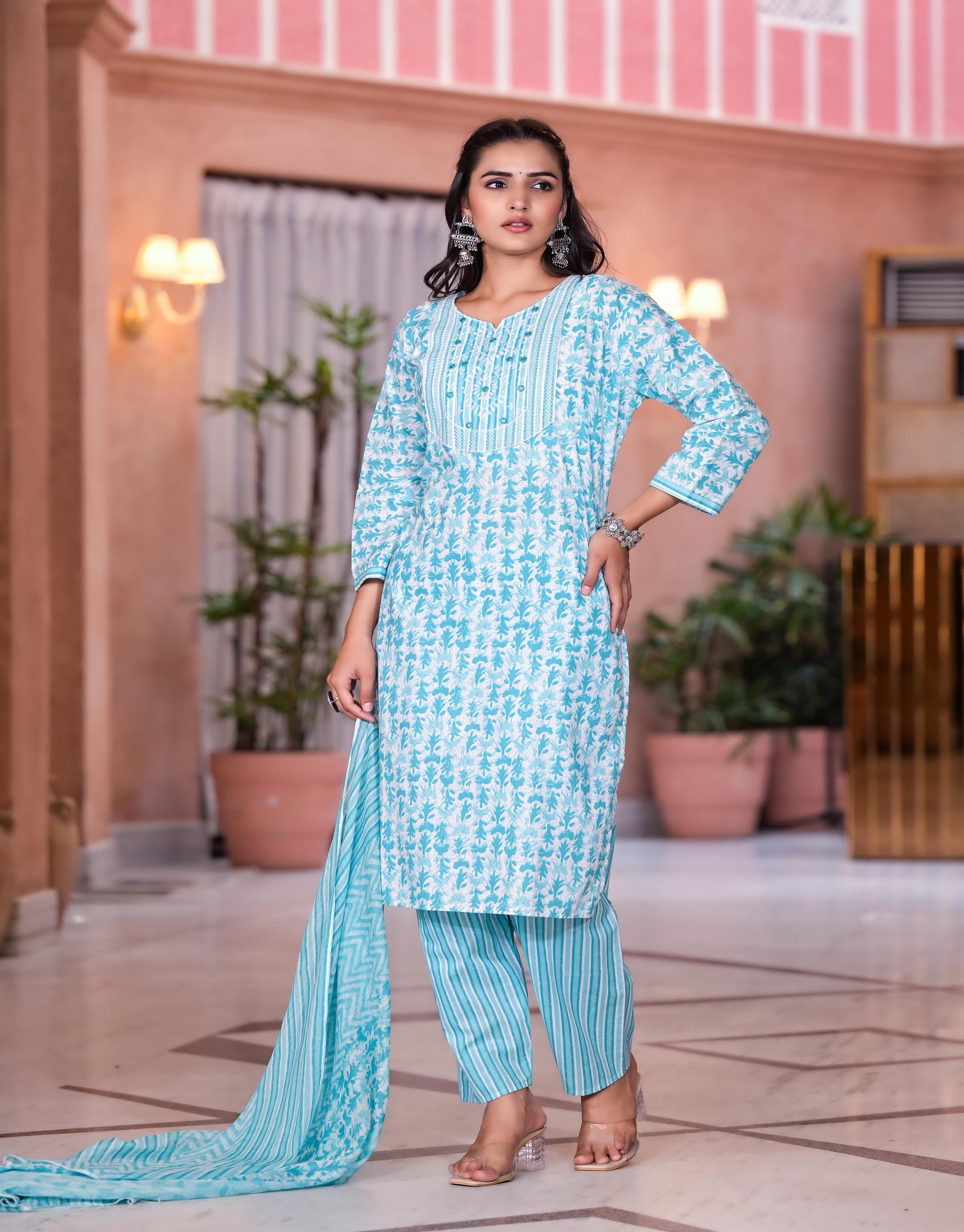 Rama Green Floral Printed Cotton Kurta Set With Mirror & Thread Work