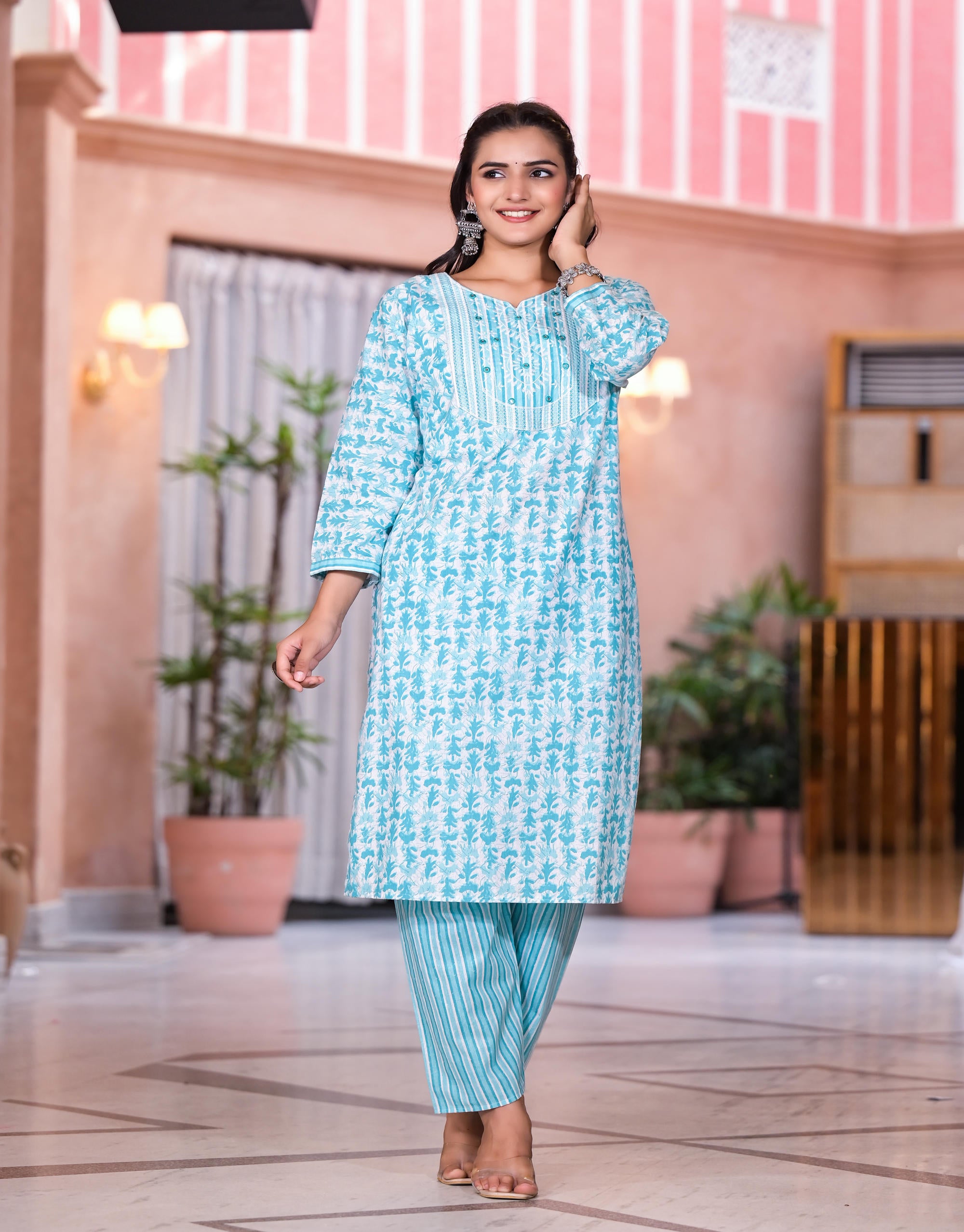 Rama Green Floral Printed Cotton Kurta Set With Mirror & Thread Work