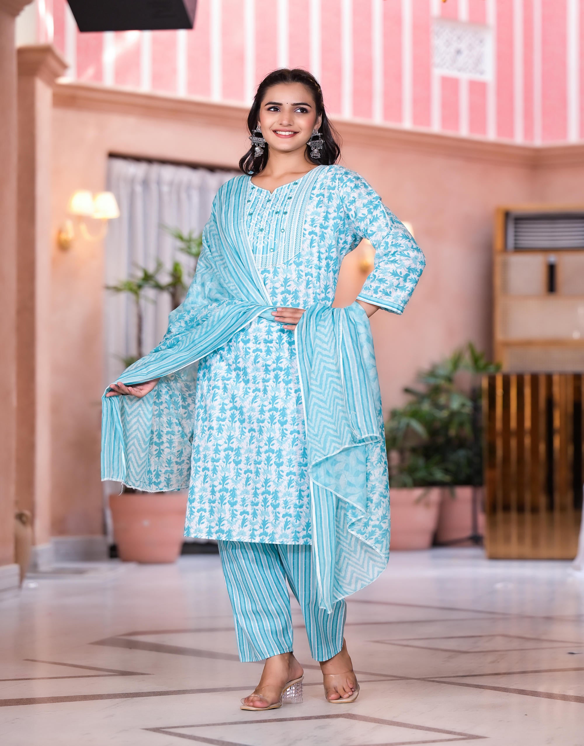 Rama Green Floral Printed Cotton Kurta Set With Mirror & Thread Work