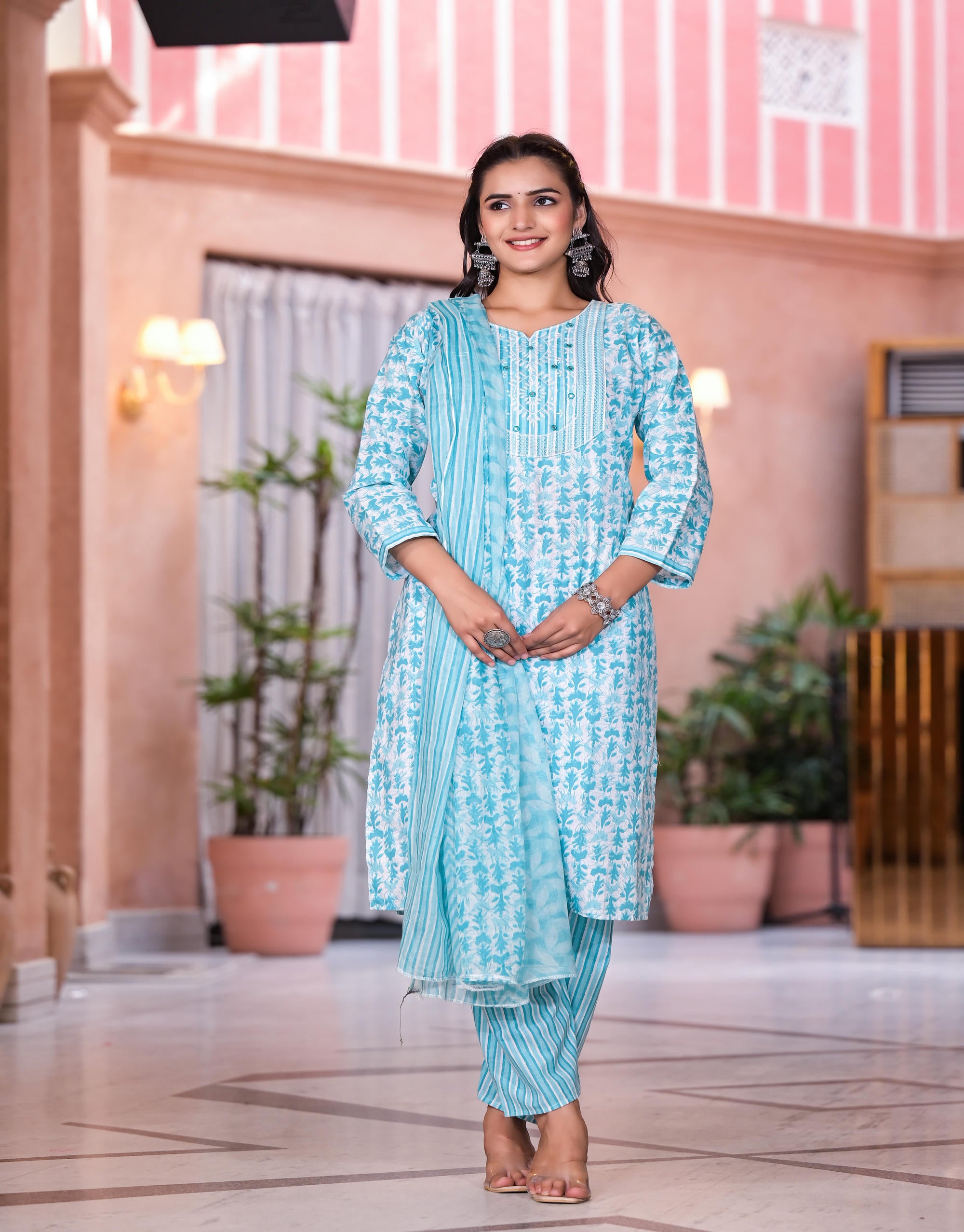 Rama Green Floral Printed Cotton Kurta Set With Mirror & Thread Work