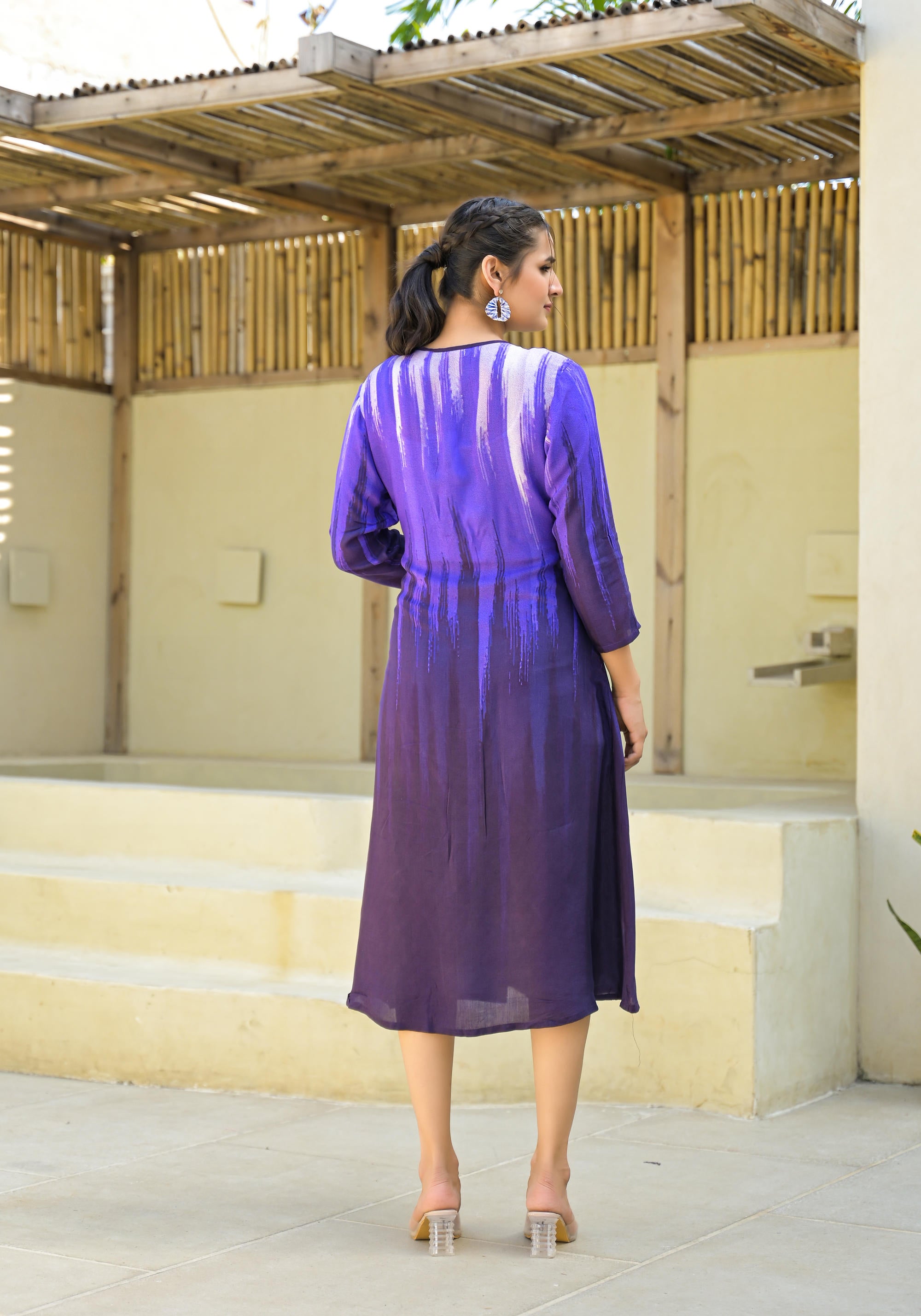 Purple women muslin dress with vibrant tie & dye print