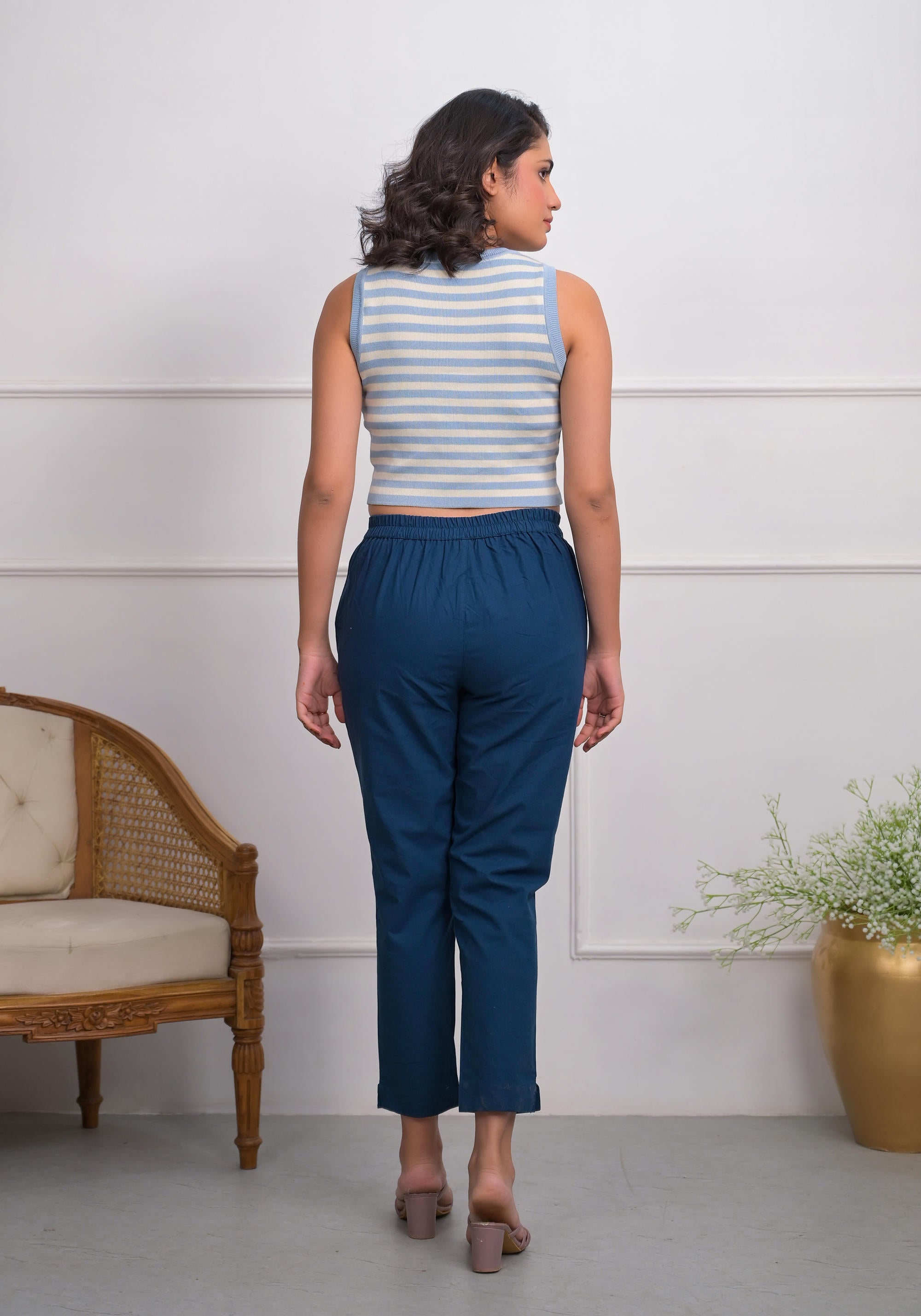 Blue Solid Cotton Pants With Partially Elasticated Waistband And Two Side Pockets