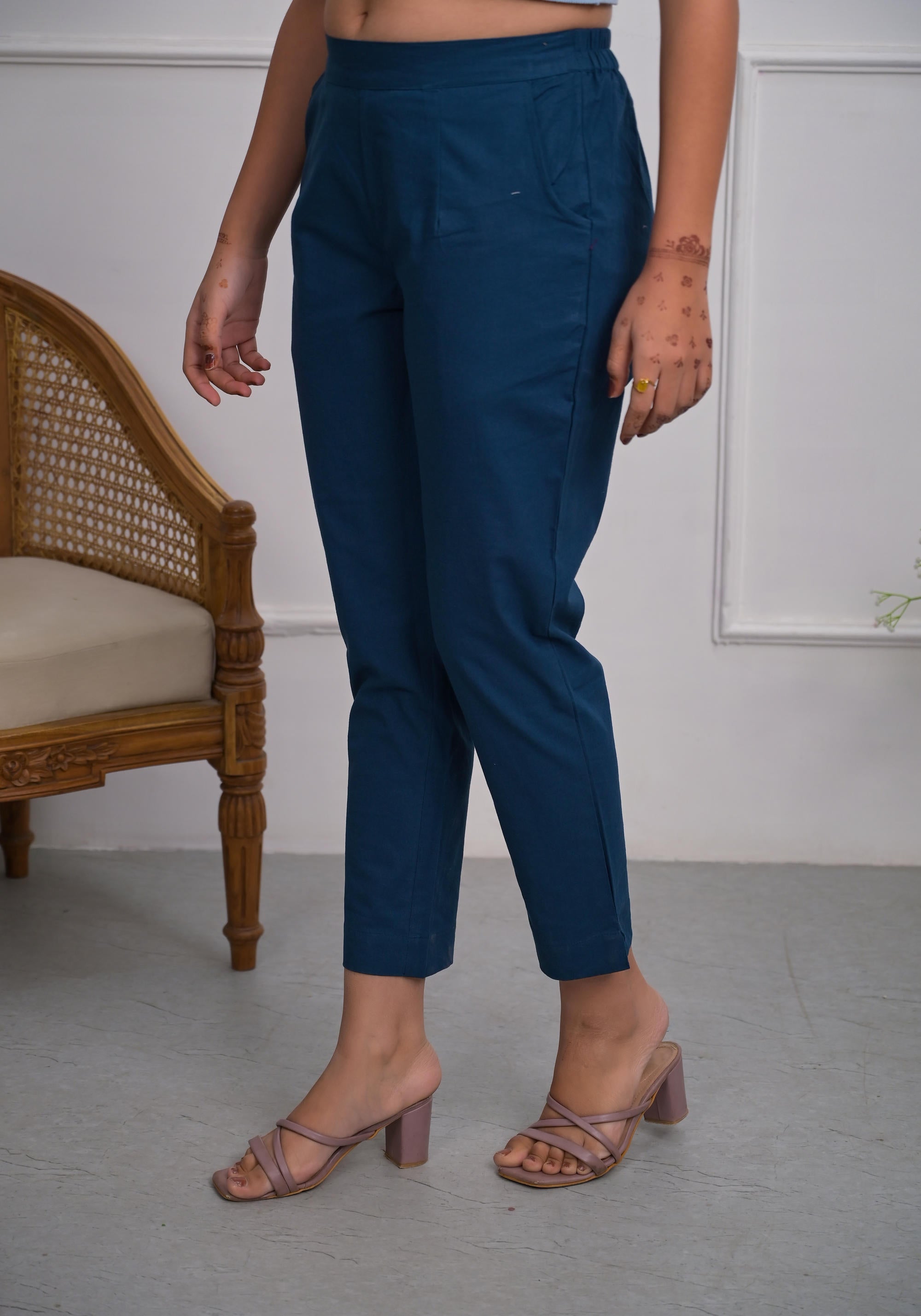 Blue Solid Cotton Pants With Partially Elasticated Waistband And Two Side Pockets