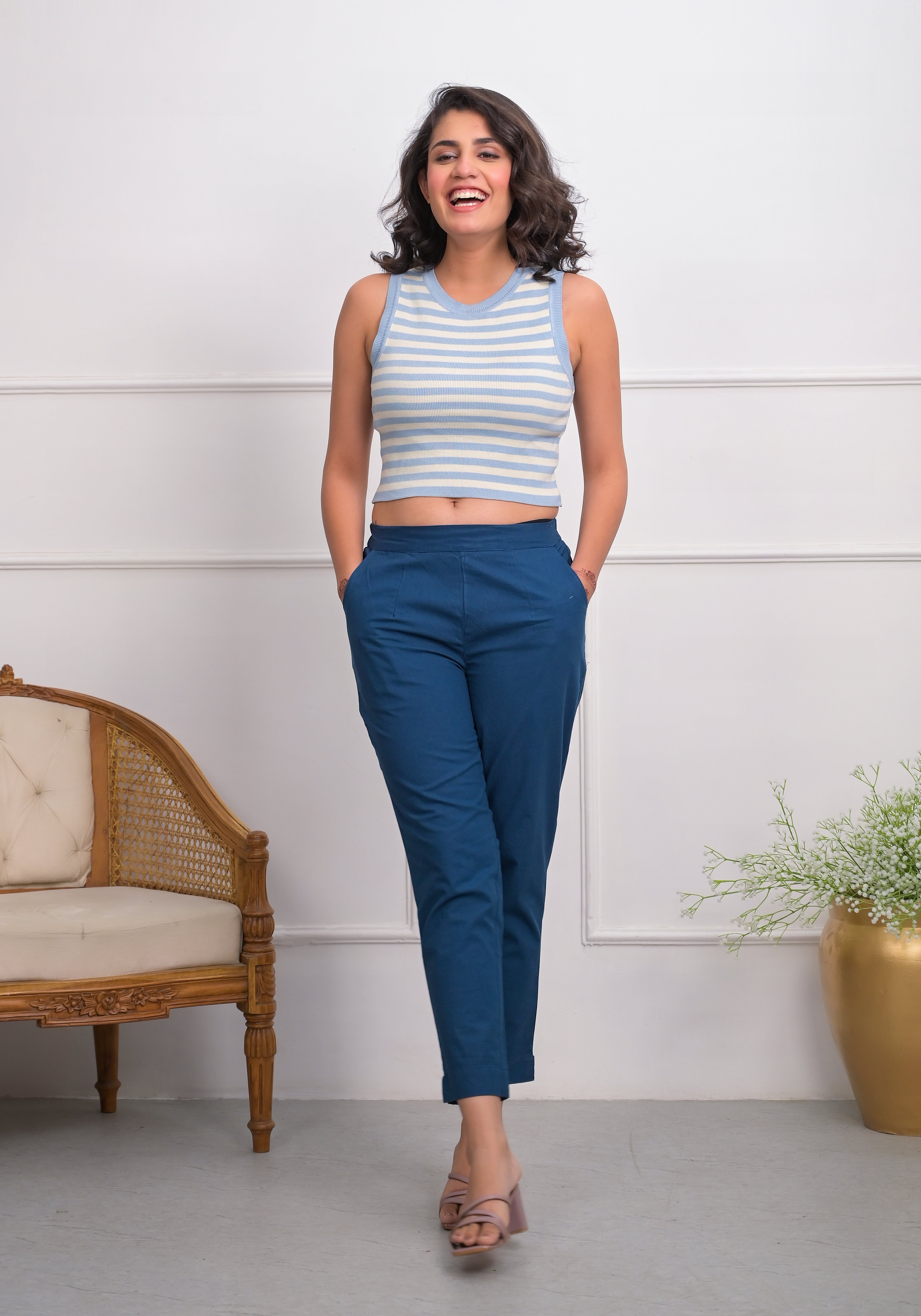 Blue Solid Cotton Pants With Partially Elasticated Waistband And Two Side Pockets