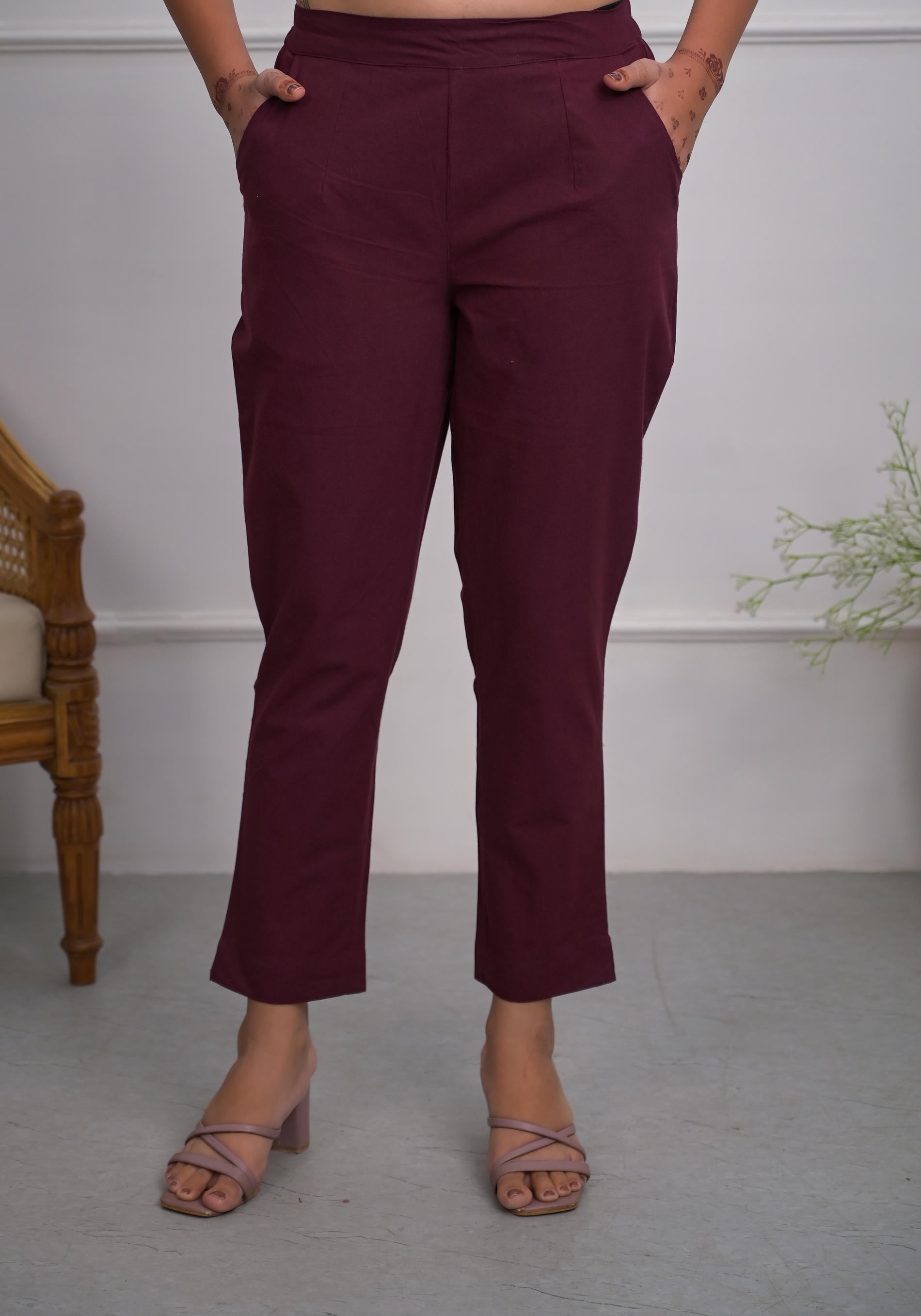 Burgundy Solid Cotton Pants With Partially Elasticated Waistband And Two Side Pockets