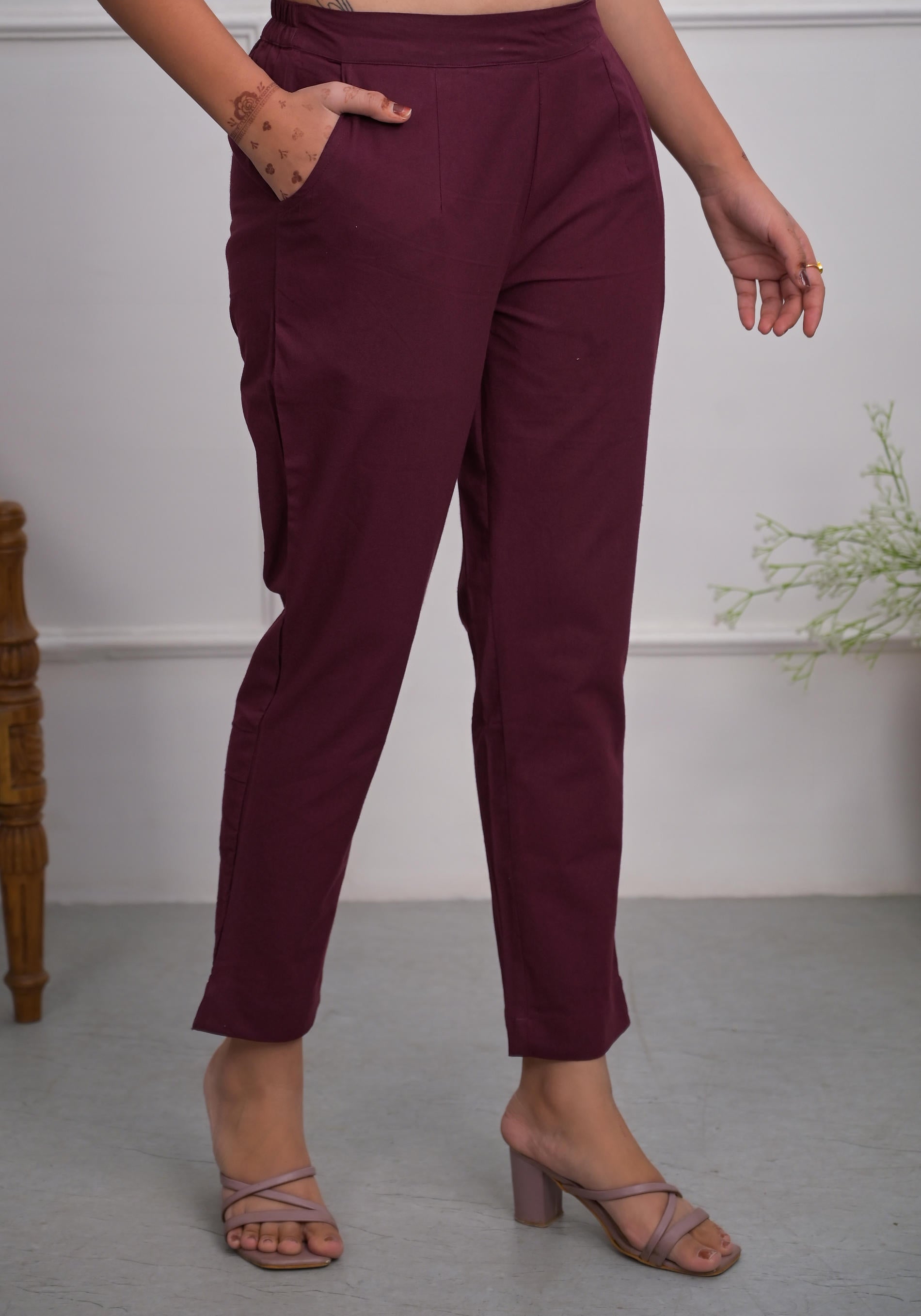Burgundy Solid Cotton Pants With Partially Elasticated Waistband And Two Side Pockets