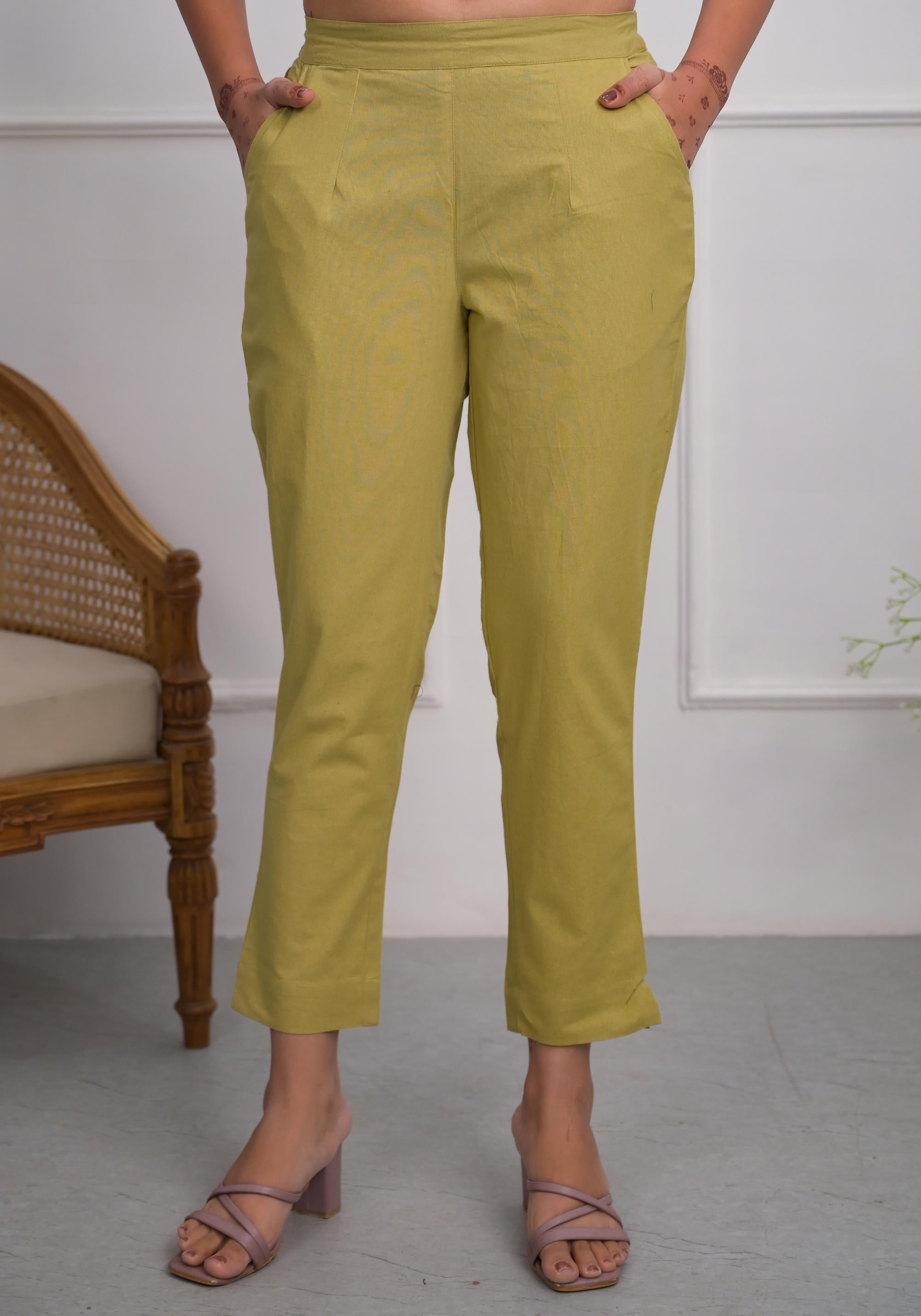 Khaki Solid Cotton Pants With Partially Elasticated Waistband And Two Side Pockets