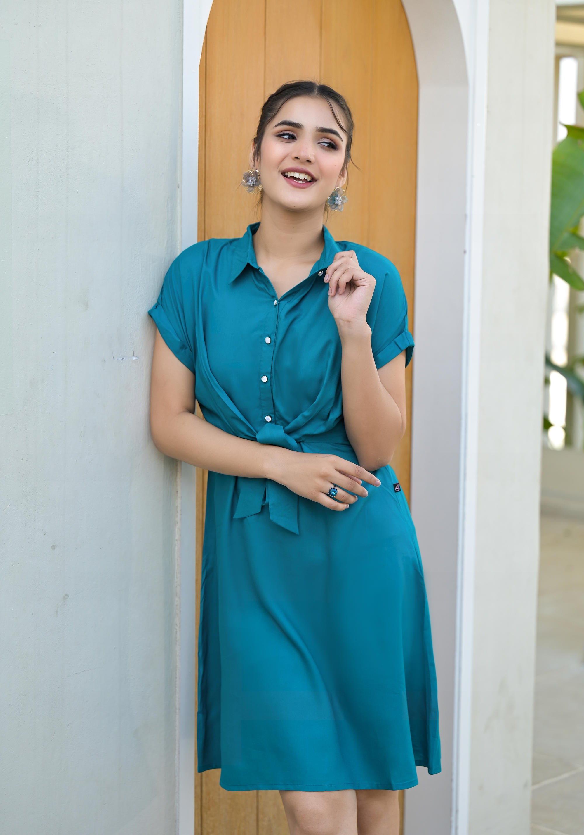 Teal Solid Rayon Staple A-Line Dress with Shirt Collar, Knee-Length