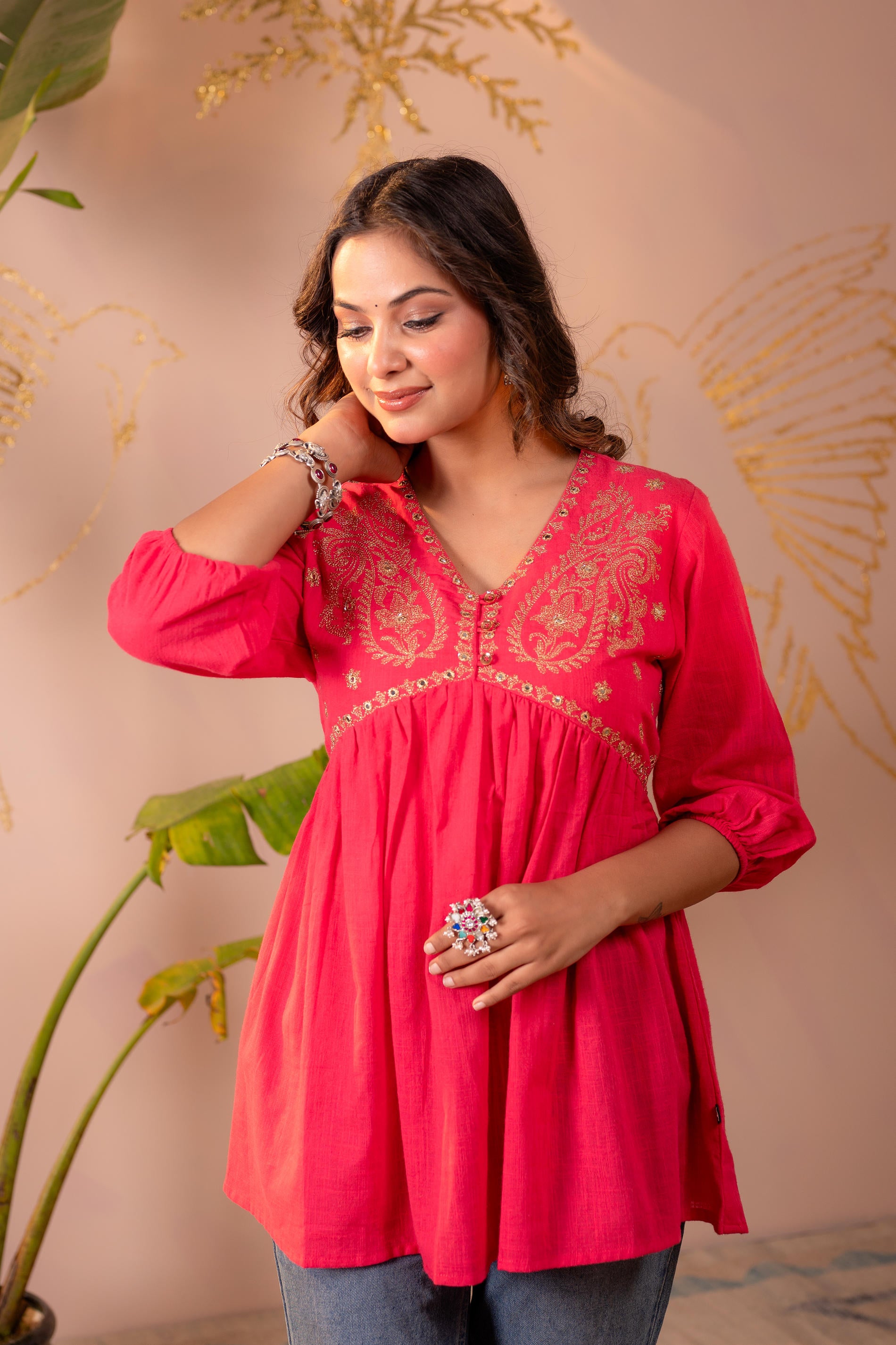 Fuchsia Embroidered Flared Kurti