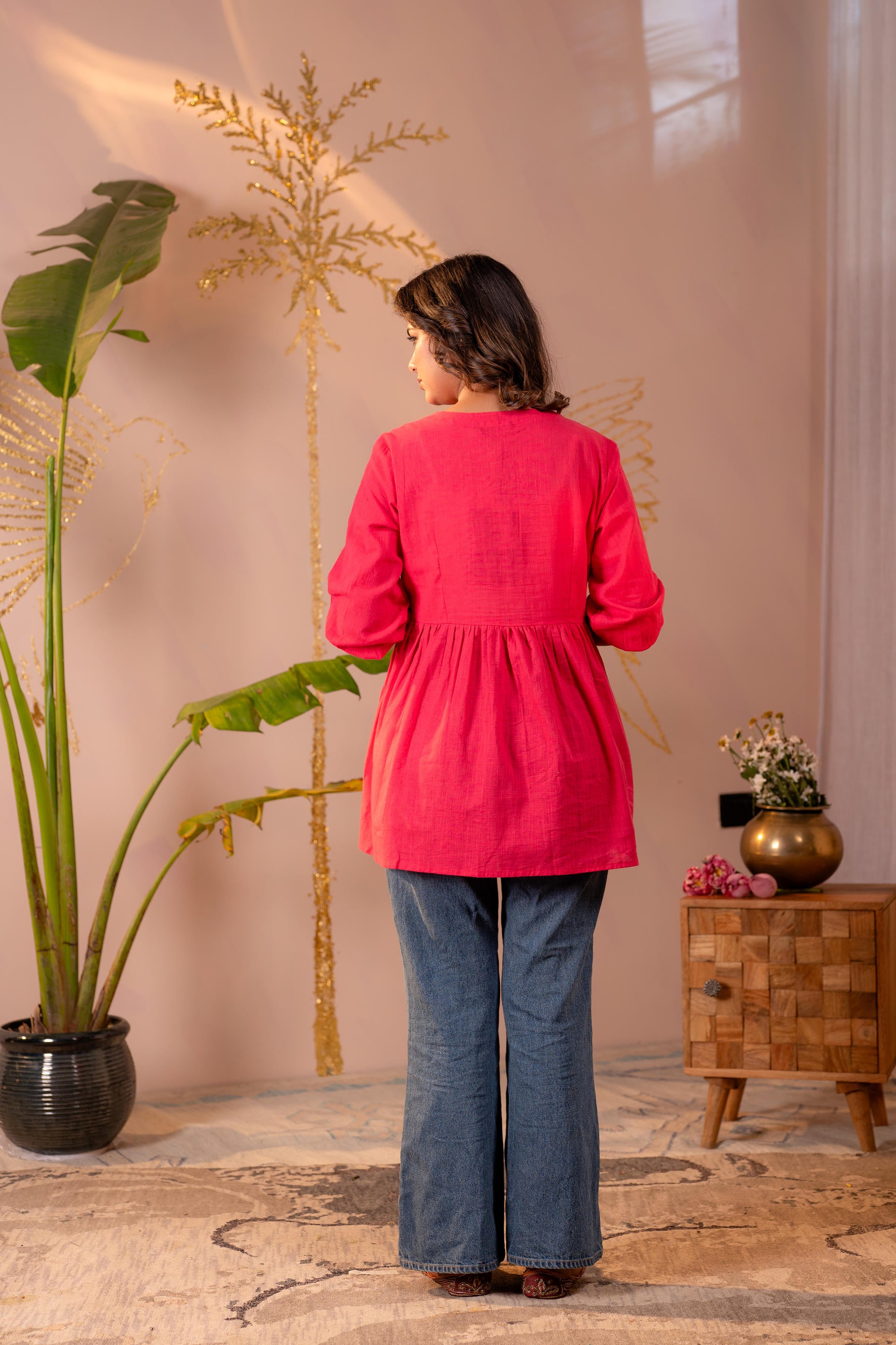 Fuchsia Embroidered Flared Kurti