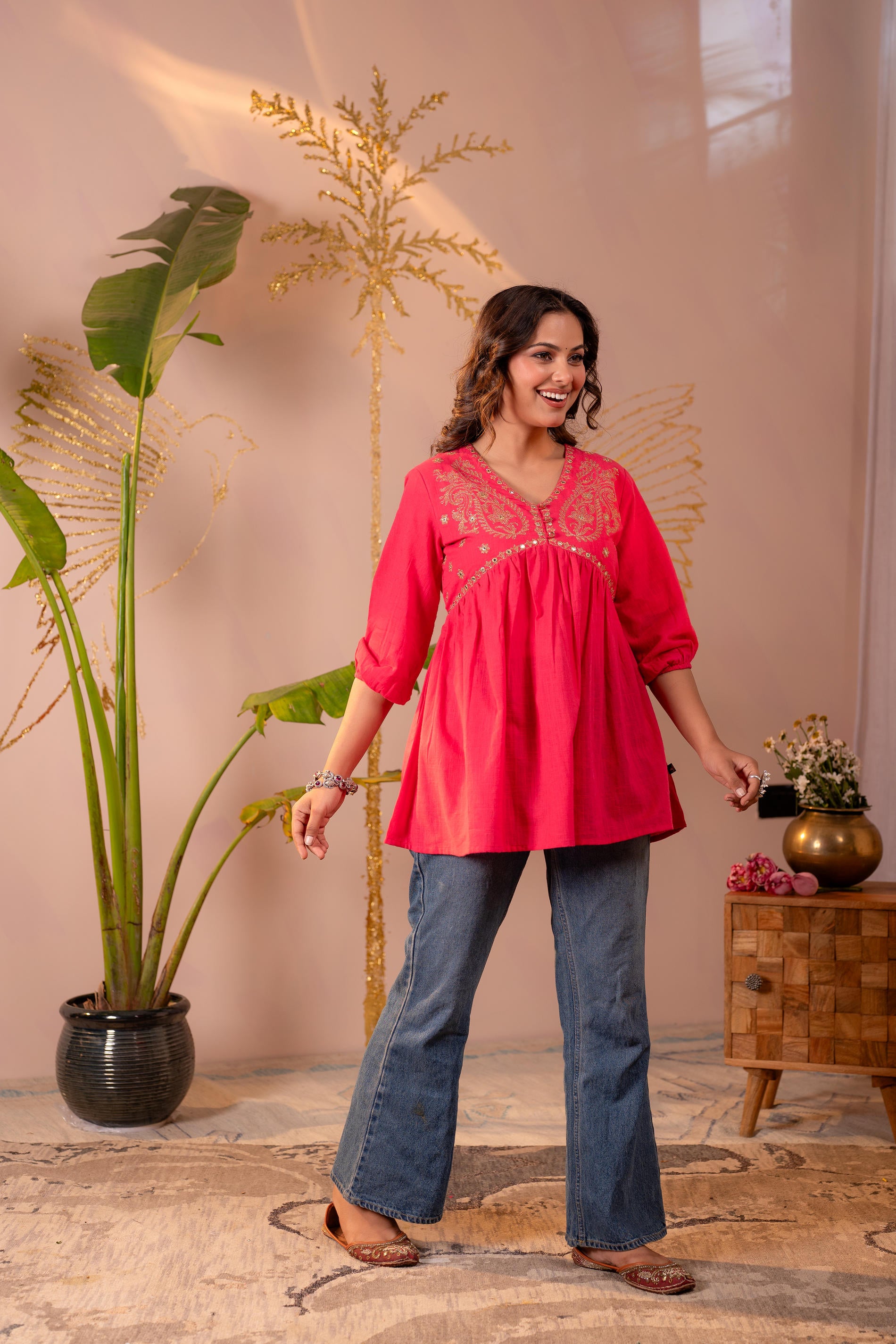 Fuchsia Embroidered Flared Kurti