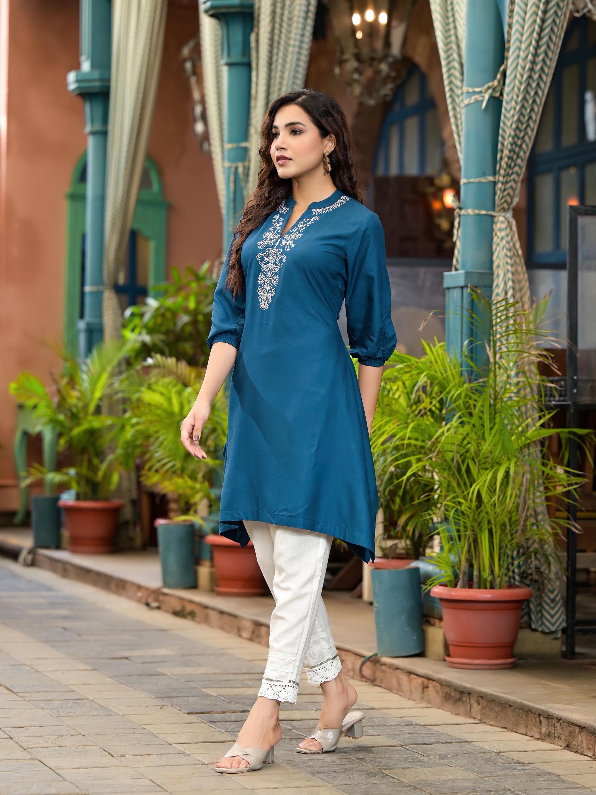 Blue Thread Embroidered Liva Rayon Tunic With Sequins