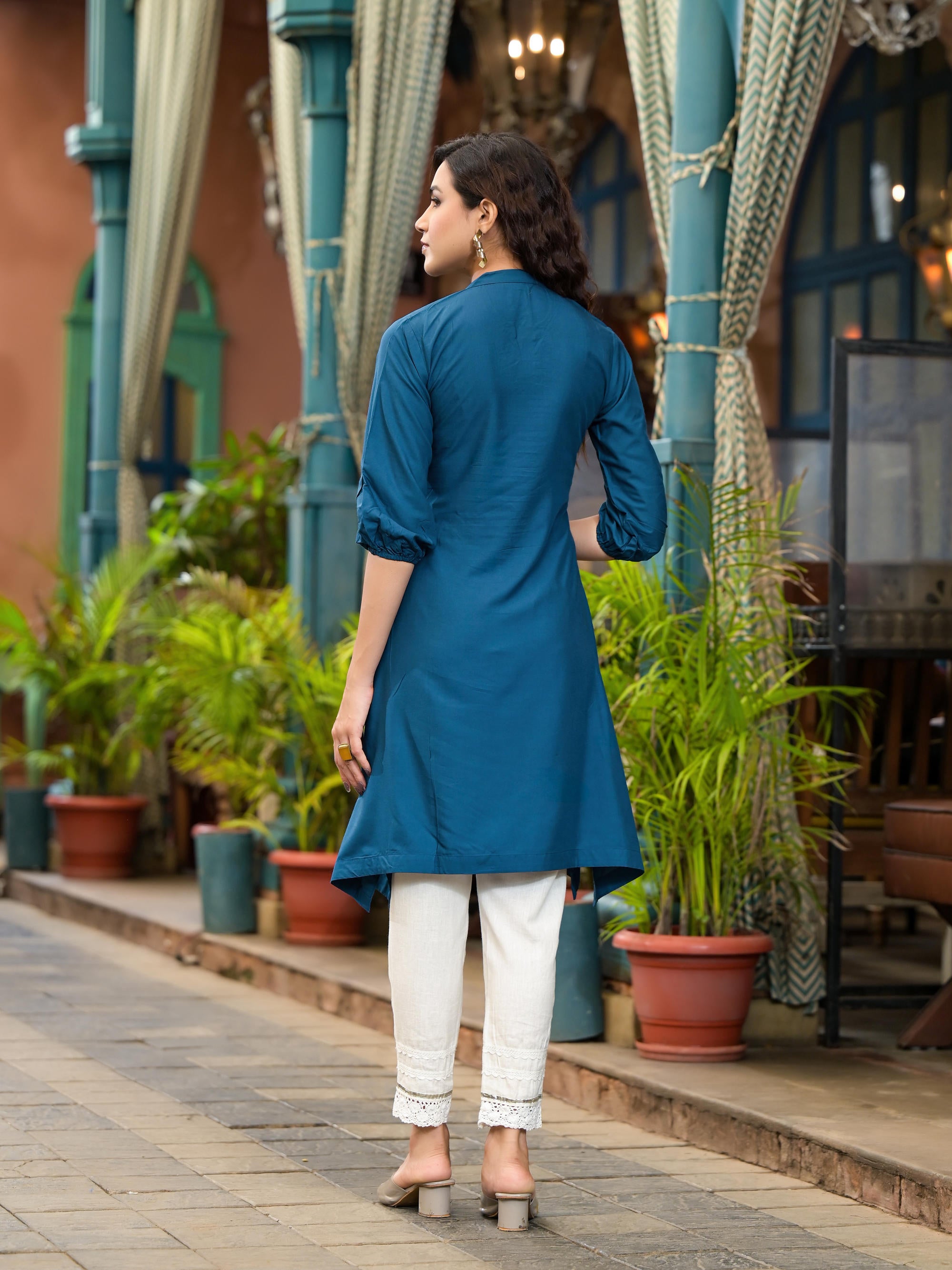 Blue Thread Embroidered Liva Rayon Tunic With Sequins