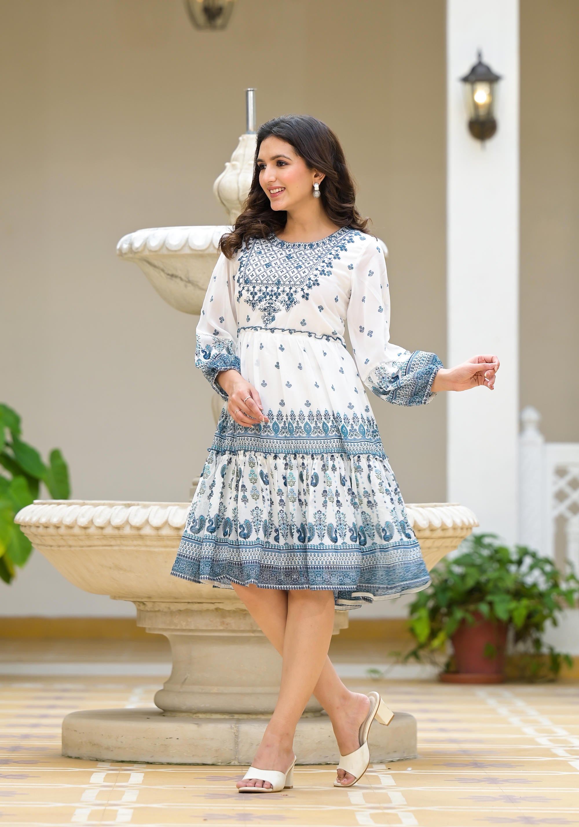 White Ethnic Motif Printed Georgette Dress With Thread Embroidery