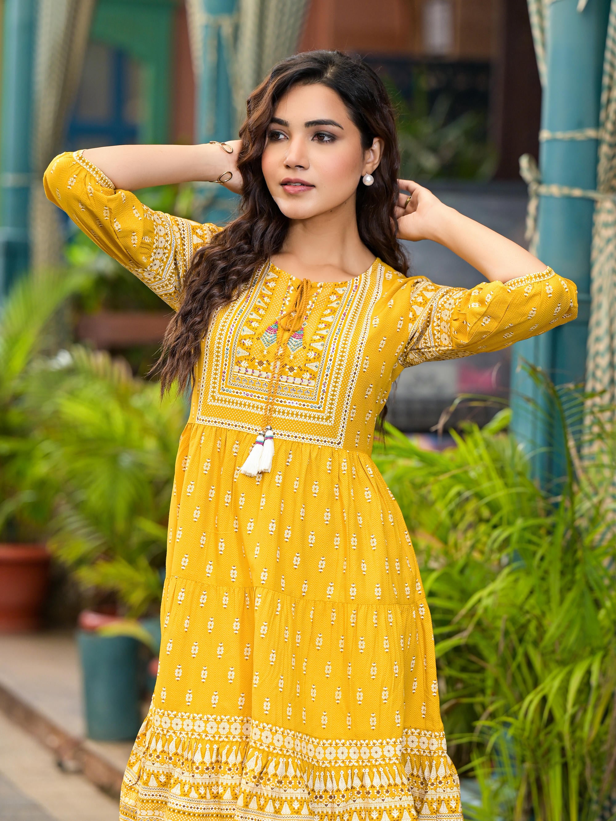 Mustard Ethnic Motif Printed Liva Rayon Dress With Thread Work & Tassels