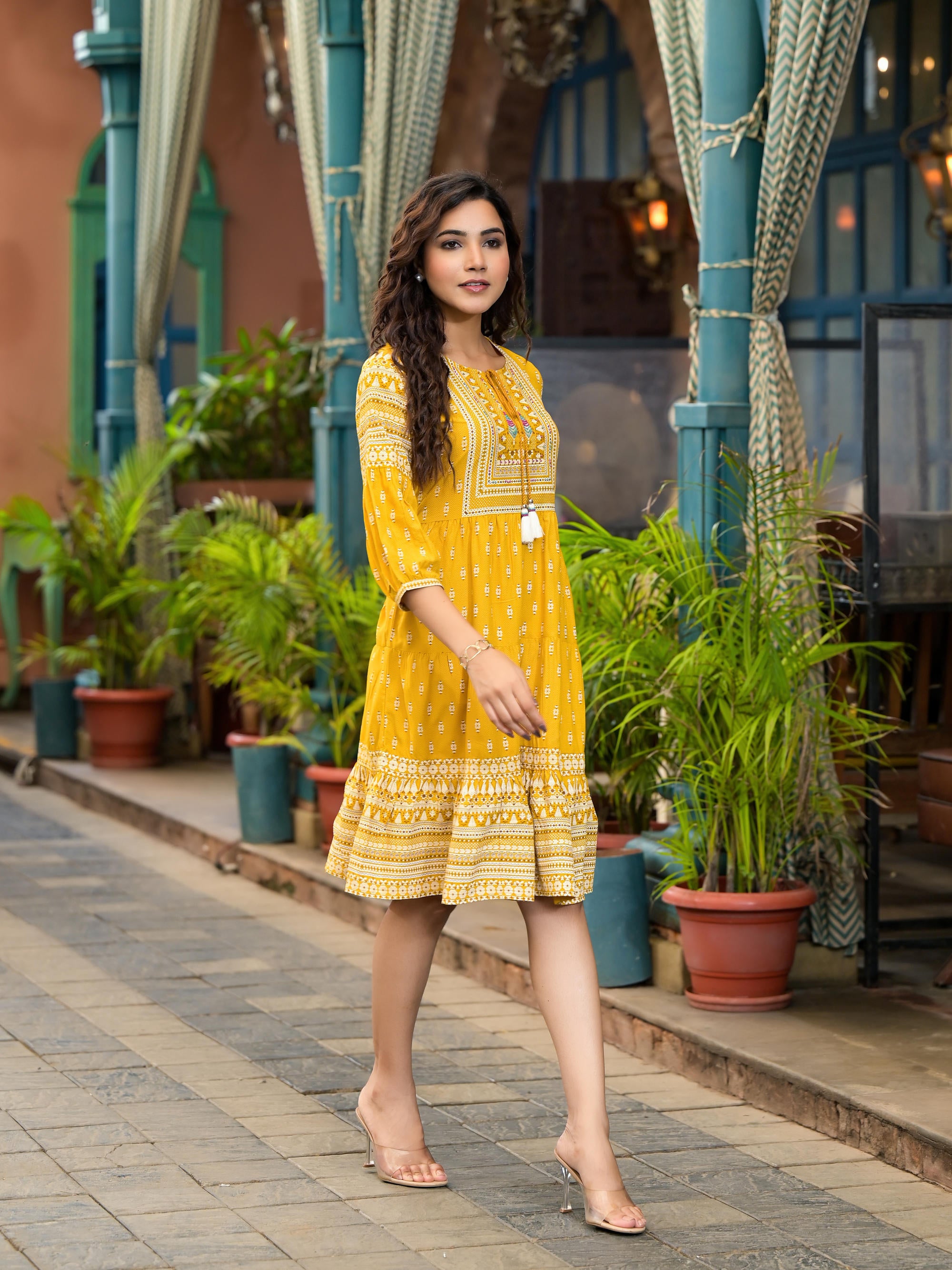 Mustard Ethnic Motif Printed Liva Rayon Dress With Thread Work & Tassels