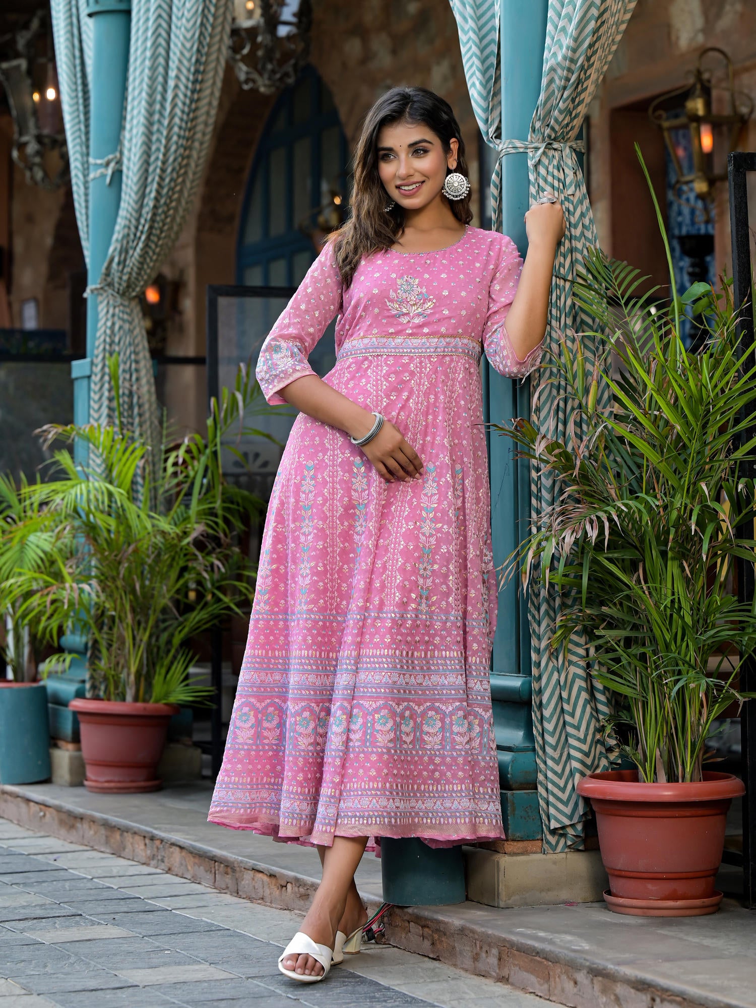 Juniper Pink Ethnic Motif Printed Chiffon Dress With Sequins & Lace Work