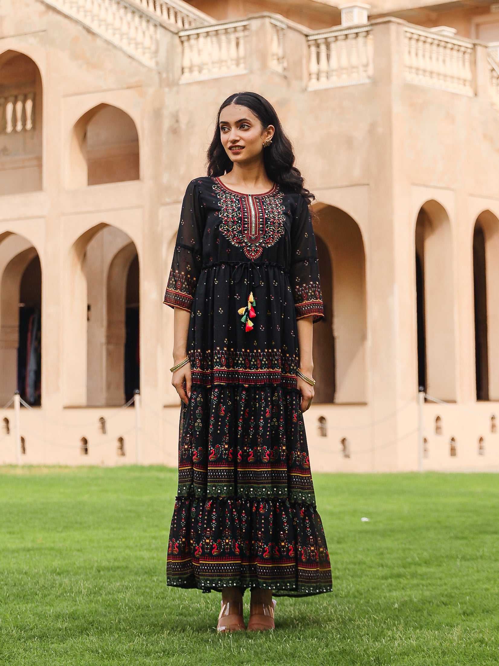 Black Ethnic Motif Printed Georgette Maxi Dress With Sequins & Doris At Waist