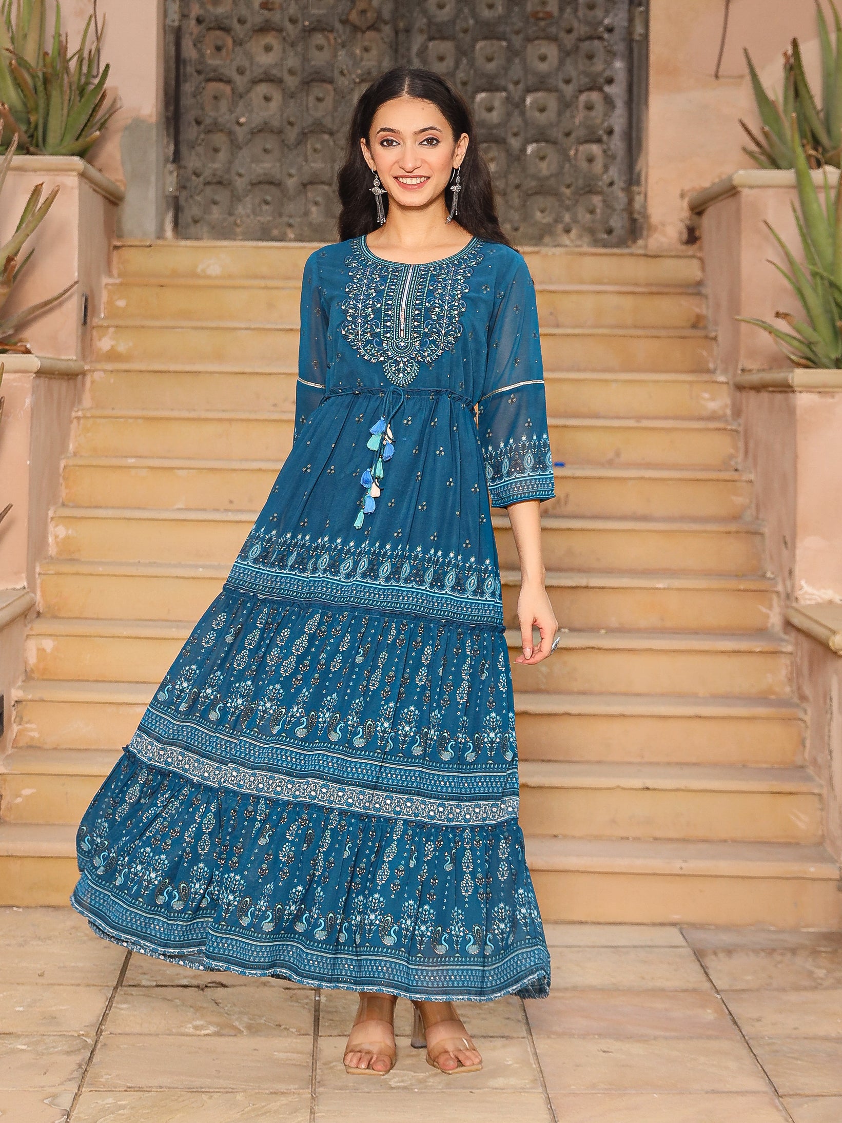 The Dholitaro Blue Ethnic Motif Printed Georgette Tiered Dress With Sequins & Doris At Waist