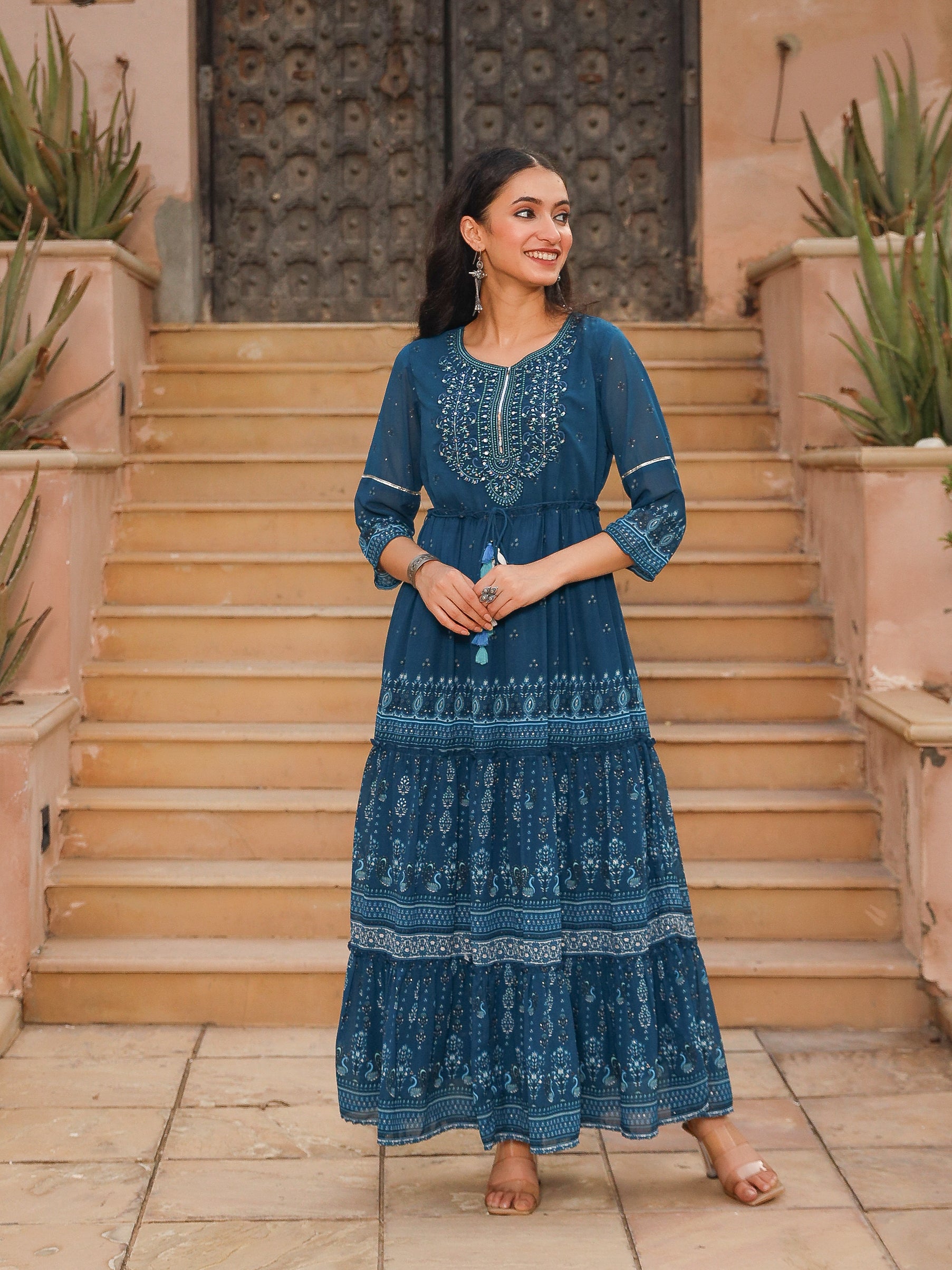 The Dholitaro Blue Ethnic Motif Printed Georgette Tiered Dress With Sequins & Doris At Waist