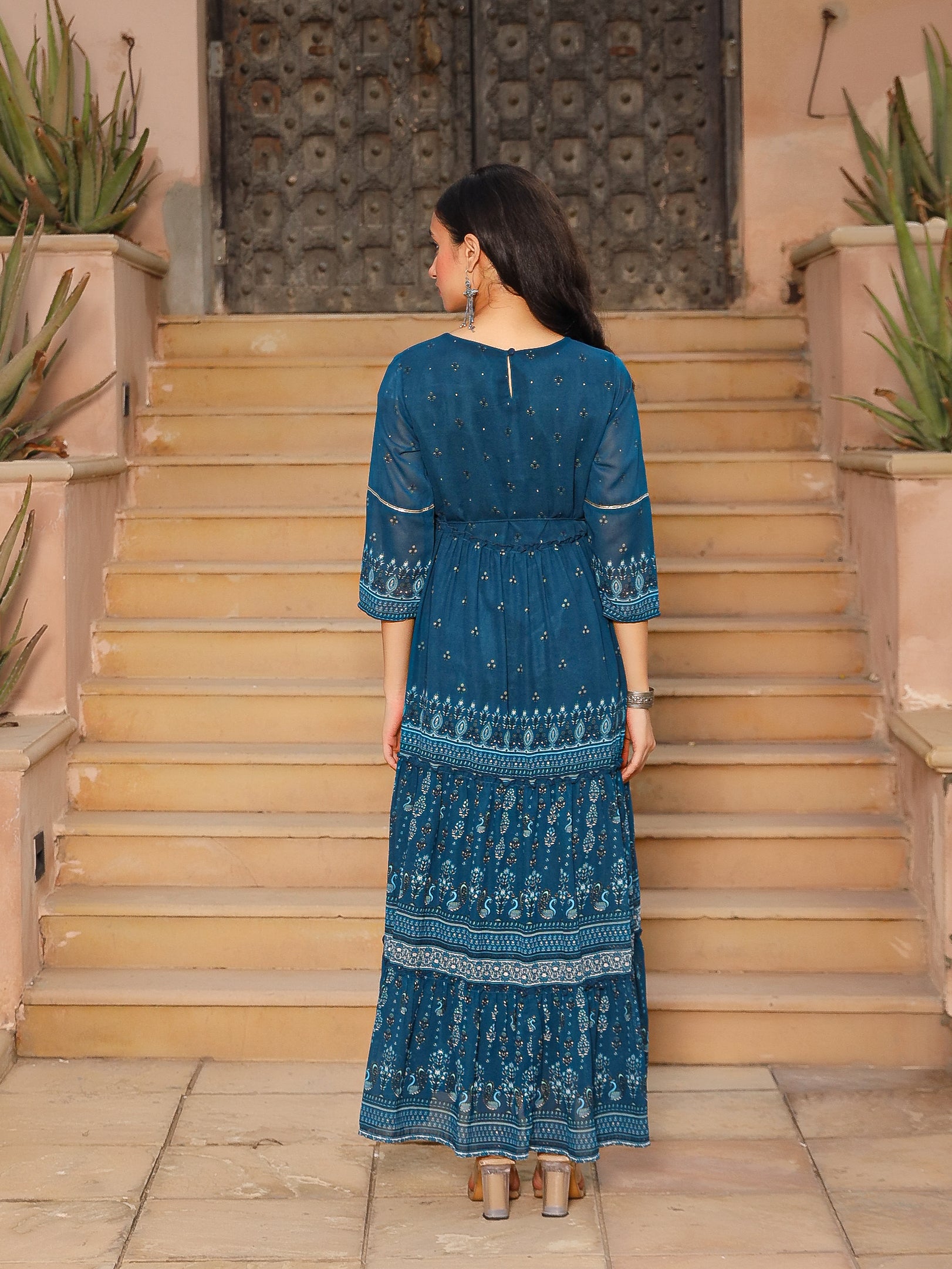 The Dholitaro Blue Ethnic Motif Printed Georgette Tiered Dress With Sequins & Doris At Waist