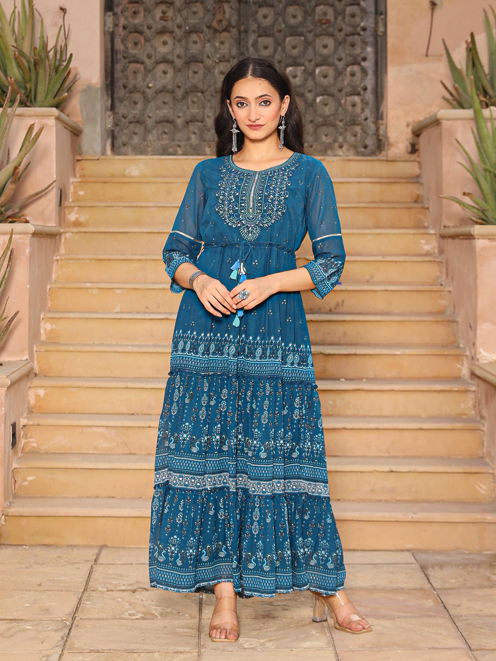 The Dholitaro Blue Ethnic Motif Printed Georgette Tiered Dress With Sequins & Doris At Waist