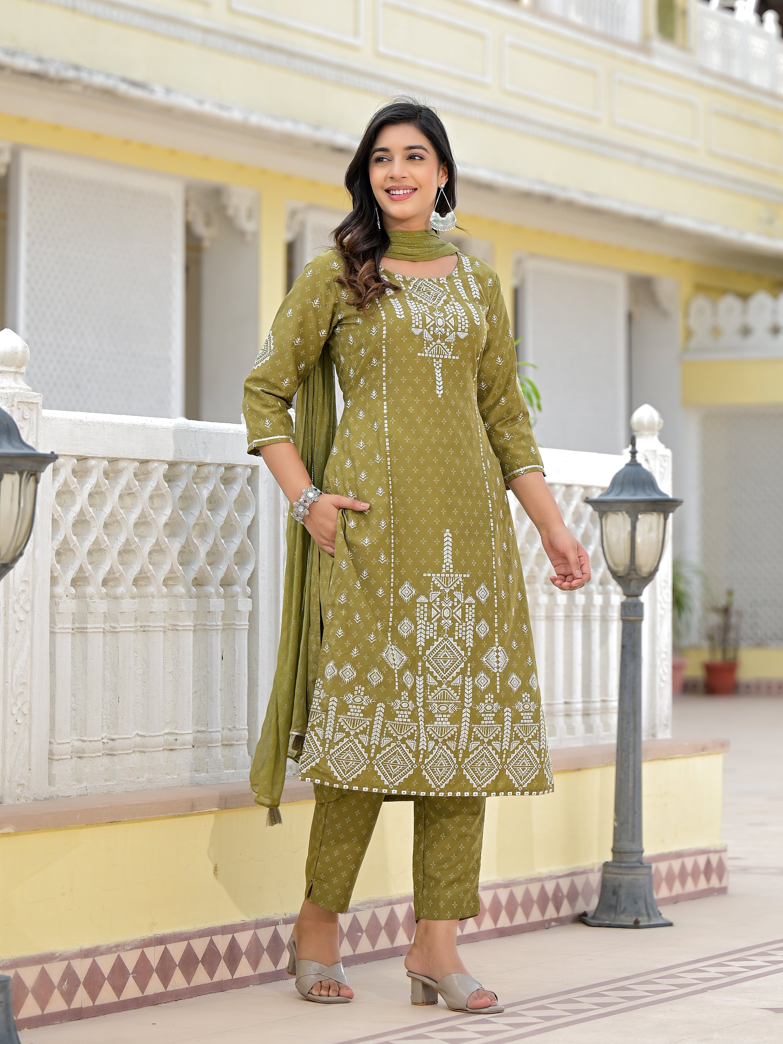 Juniper Olive Green Ethnic Motif Printed Viscose Kurta, Pant And Dupatta Set With Gota Patti Work