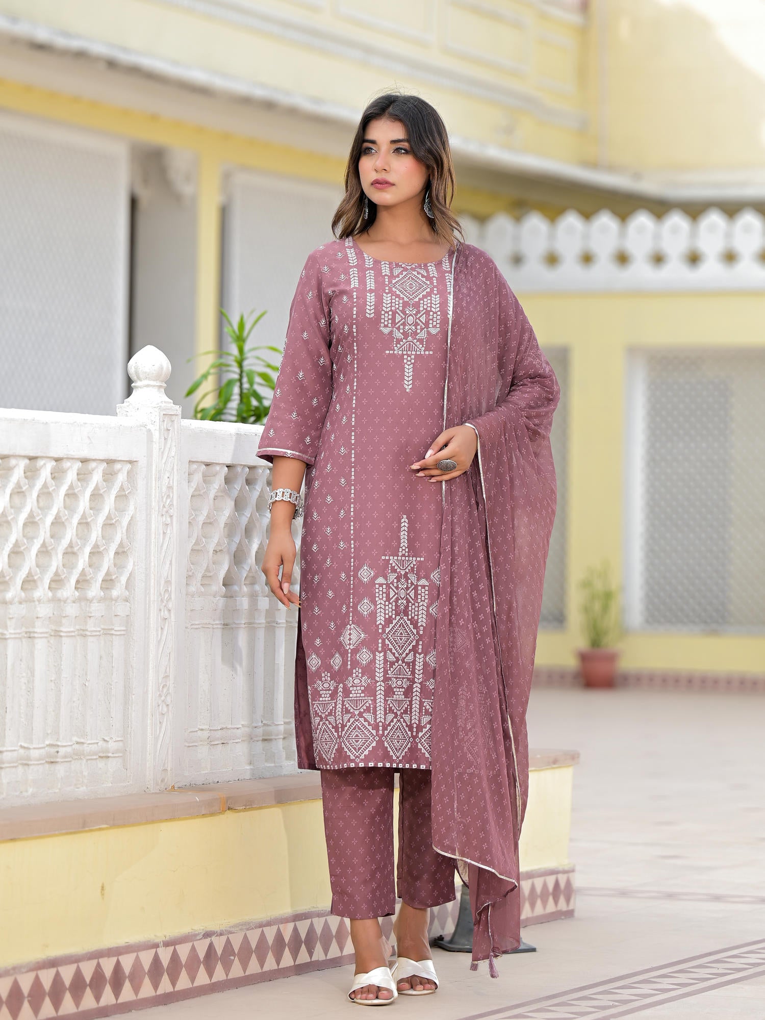 Juniper Onion Pink Ethnic Motif Printed Viscose Kurta, Pant And Dupatta Set With Gotta Patti Work