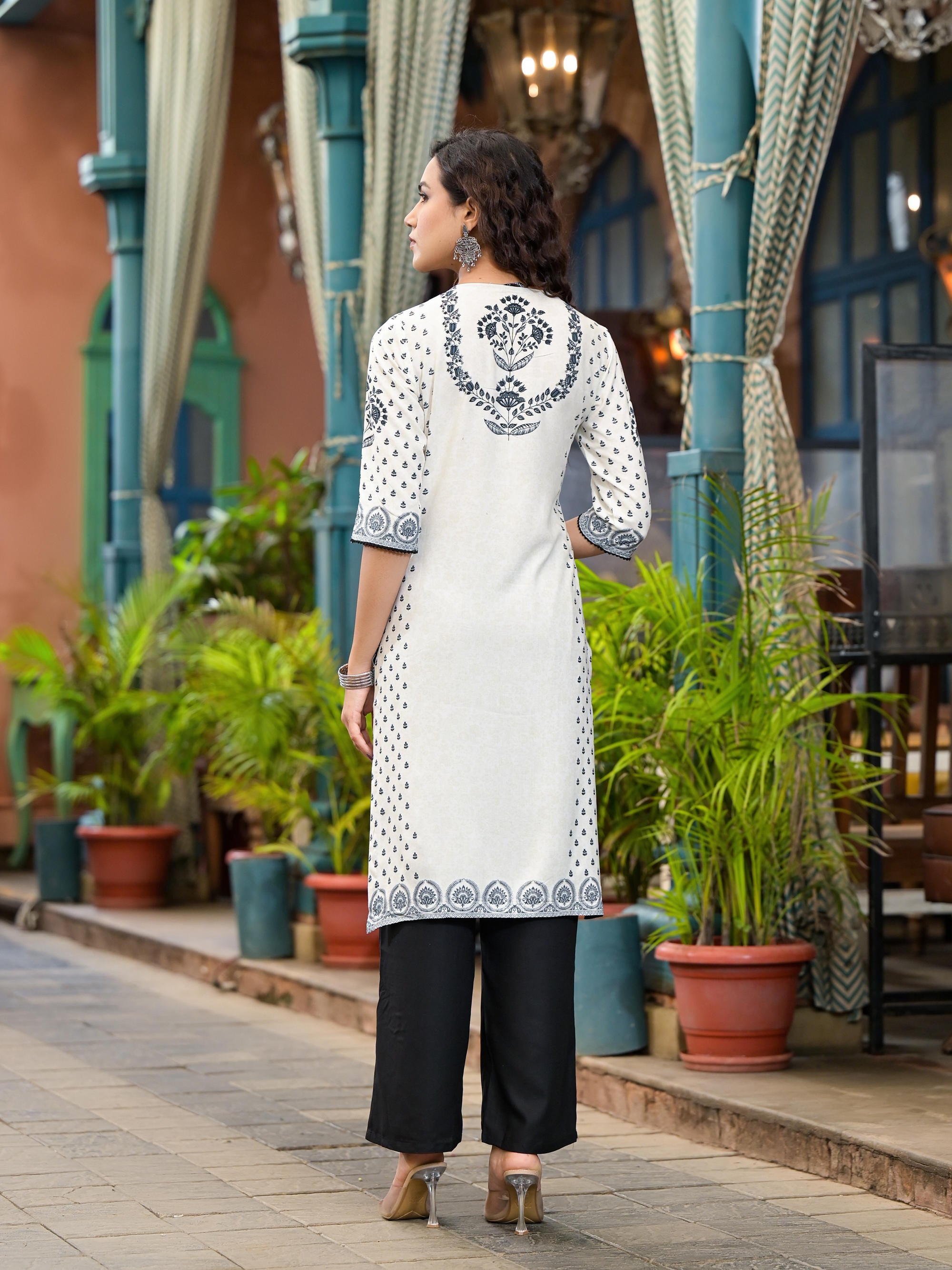 White & Black Printed Liva Rayon  Kurta Set With Lace