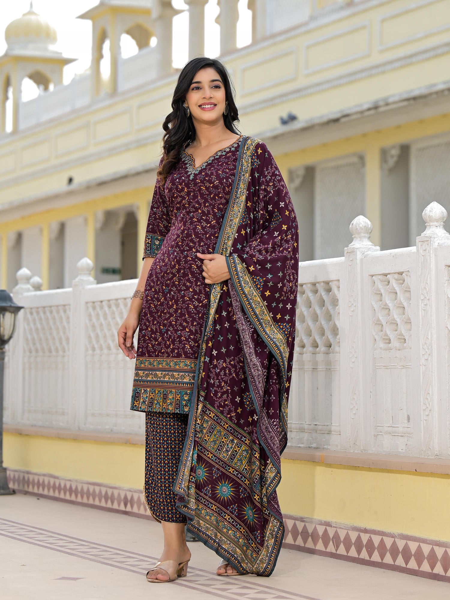 Juniper Wine Ethnic Motif Printed Rayon Kurta, Pant And Dupatta Set