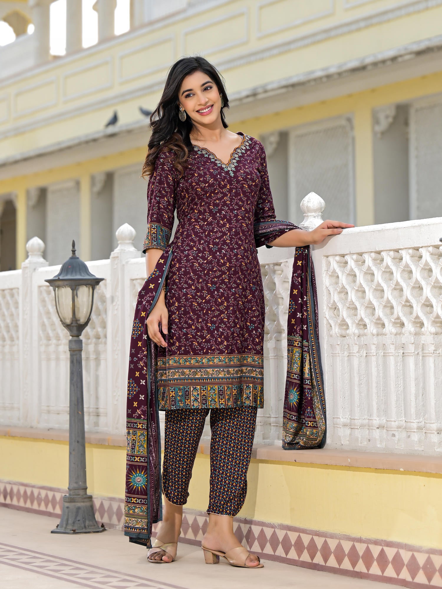 Juniper Wine Ethnic Motif Printed Rayon Kurta, Pant And Dupatta Set