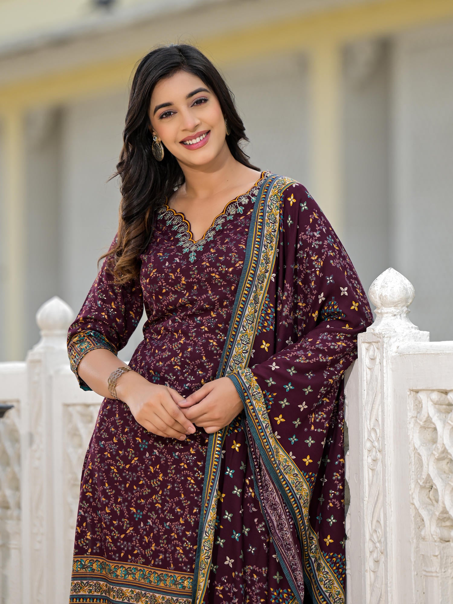 Juniper Wine Ethnic Motif Printed Rayon Kurta, Pant And Dupatta Set