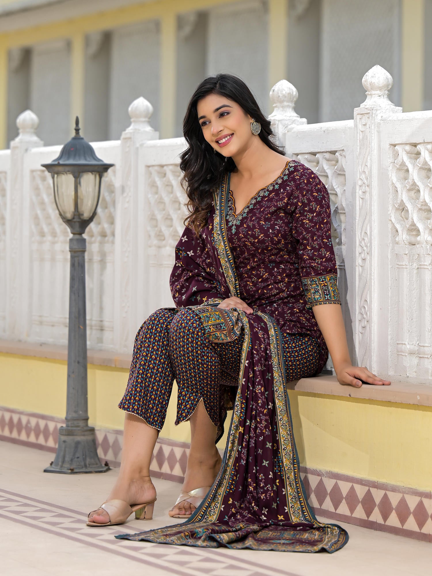 Juniper Wine Ethnic Motif Printed Rayon Kurta, Pant And Dupatta Set