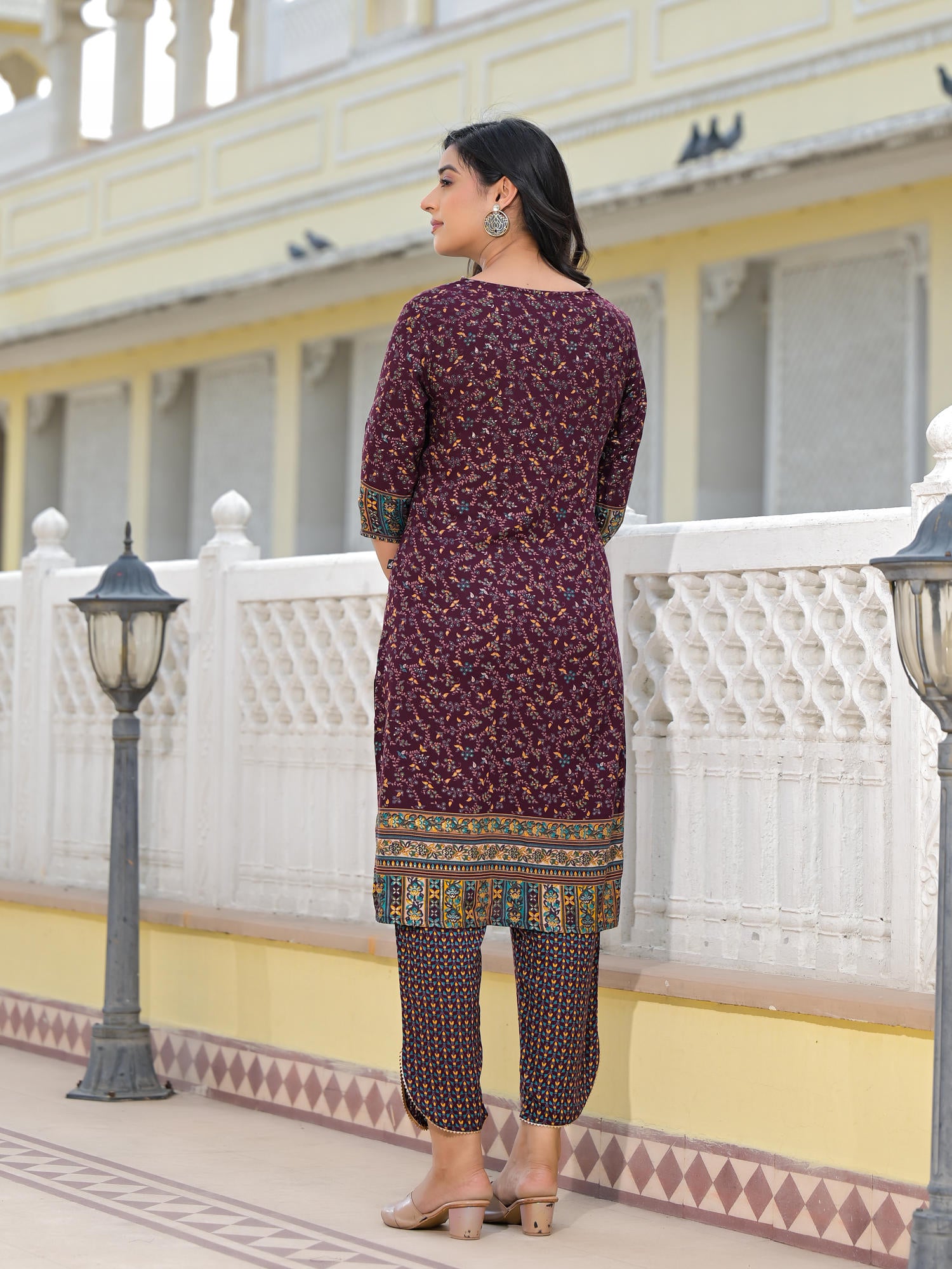 Juniper Wine Ethnic Motif Printed Rayon Kurta, Pant And Dupatta Set