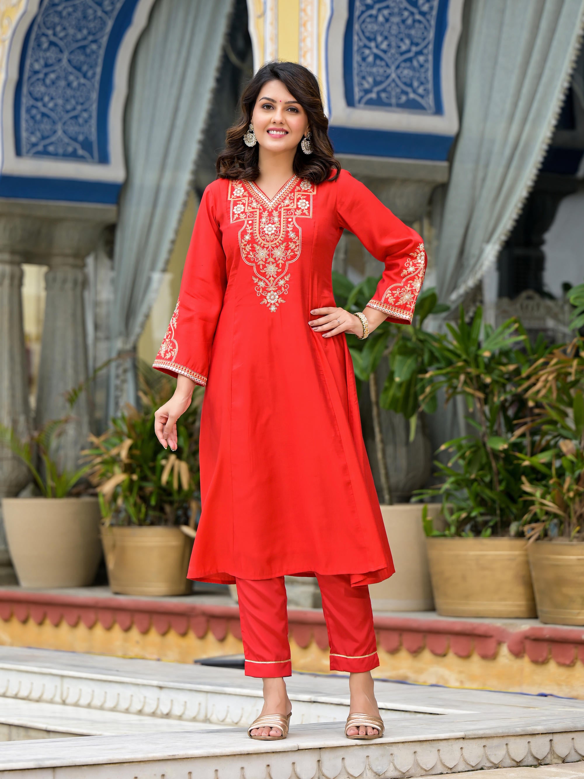 Red Floral Printed Viscose Kurta Pant And Dupatta Set With Gota Patti & Zari Work