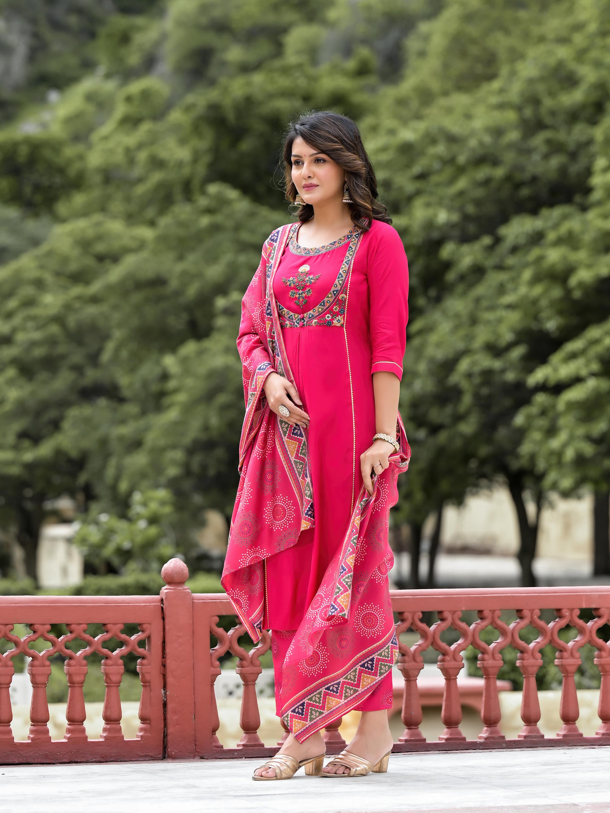 Fuchsia Viscose Embroidered A-Line Kurta Pants & Dupatta Set With Mirror Work And Lace