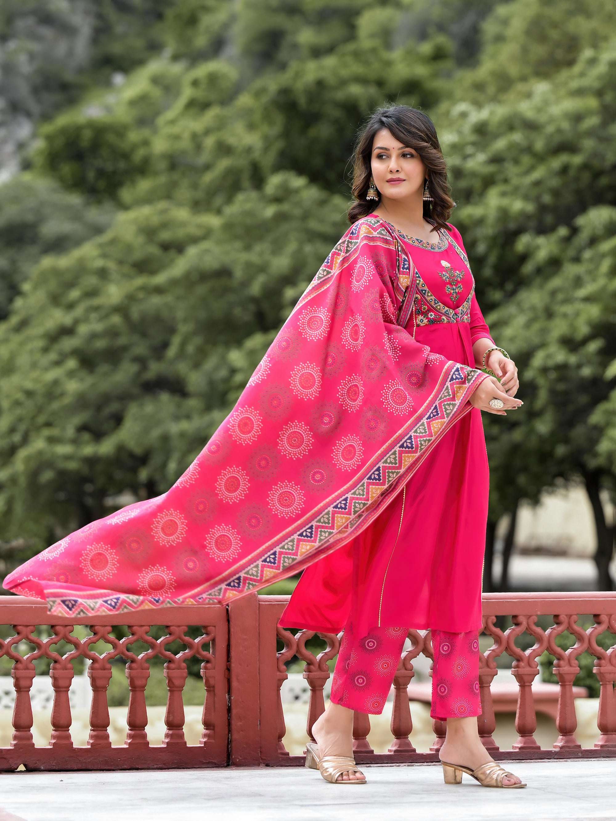 Fuchsia Viscose Embroidered A-Line Kurta Pants & Dupatta Set With Mirror Work And Lace