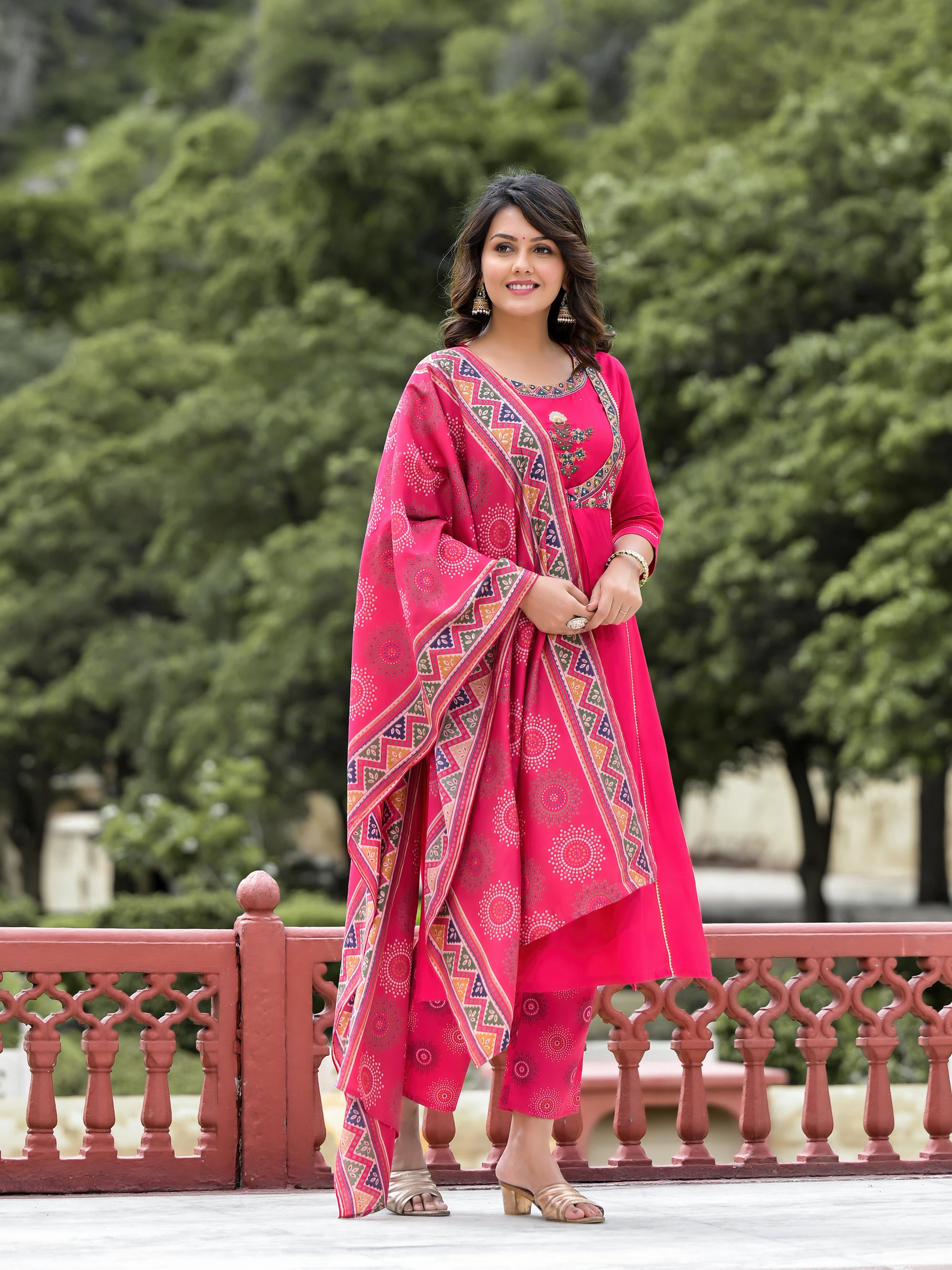 Fuchsia Viscose Embroidered A-Line Kurta Pants & Dupatta Set With Mirror Work And Lace