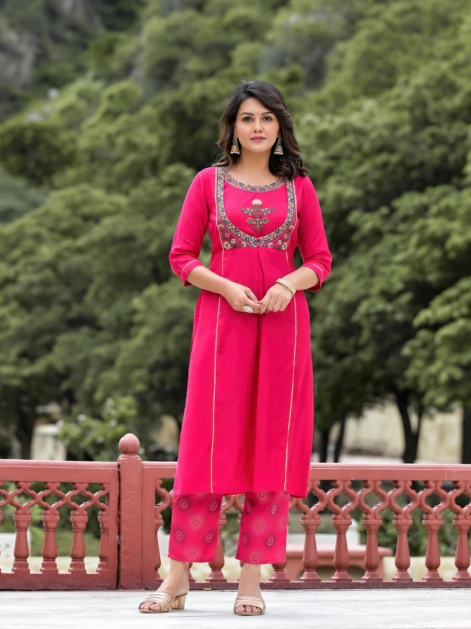 Fuchsia Viscose Embroidered A-Line Kurta Pants & Dupatta Set With Mirror Work And Lace