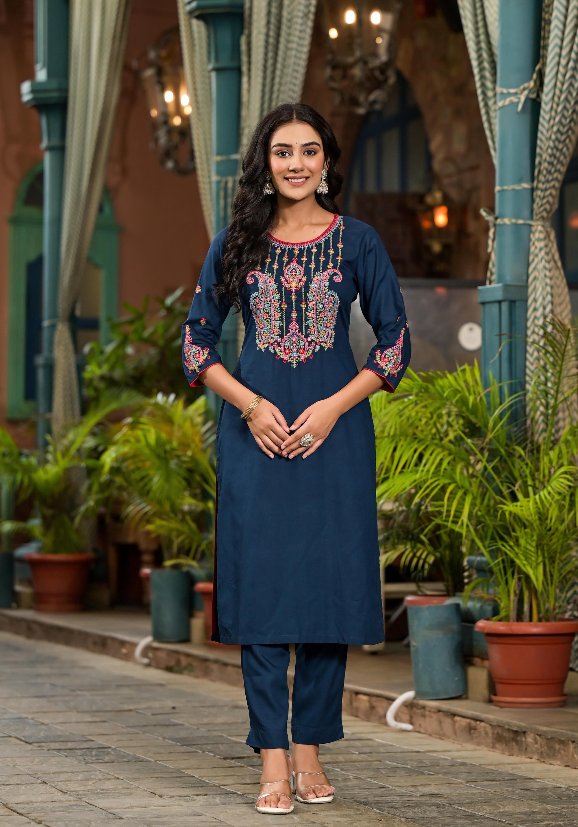 Blue Thread Embroidered Liva Rayon Kurta Pant And Dupatta Set With Sequins