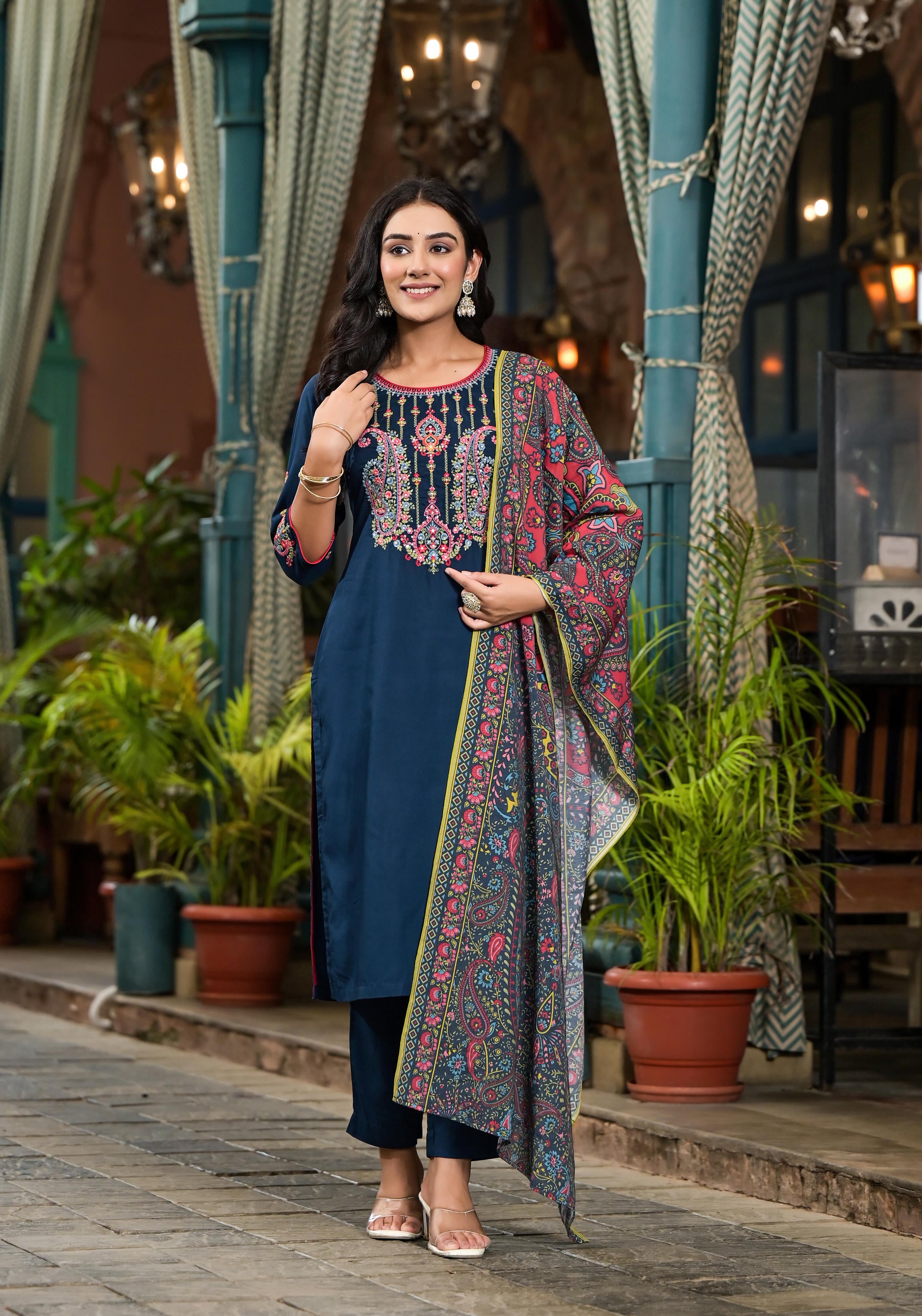 Blue Thread Embroidered Liva Rayon Kurta Pant And Dupatta Set With Sequins