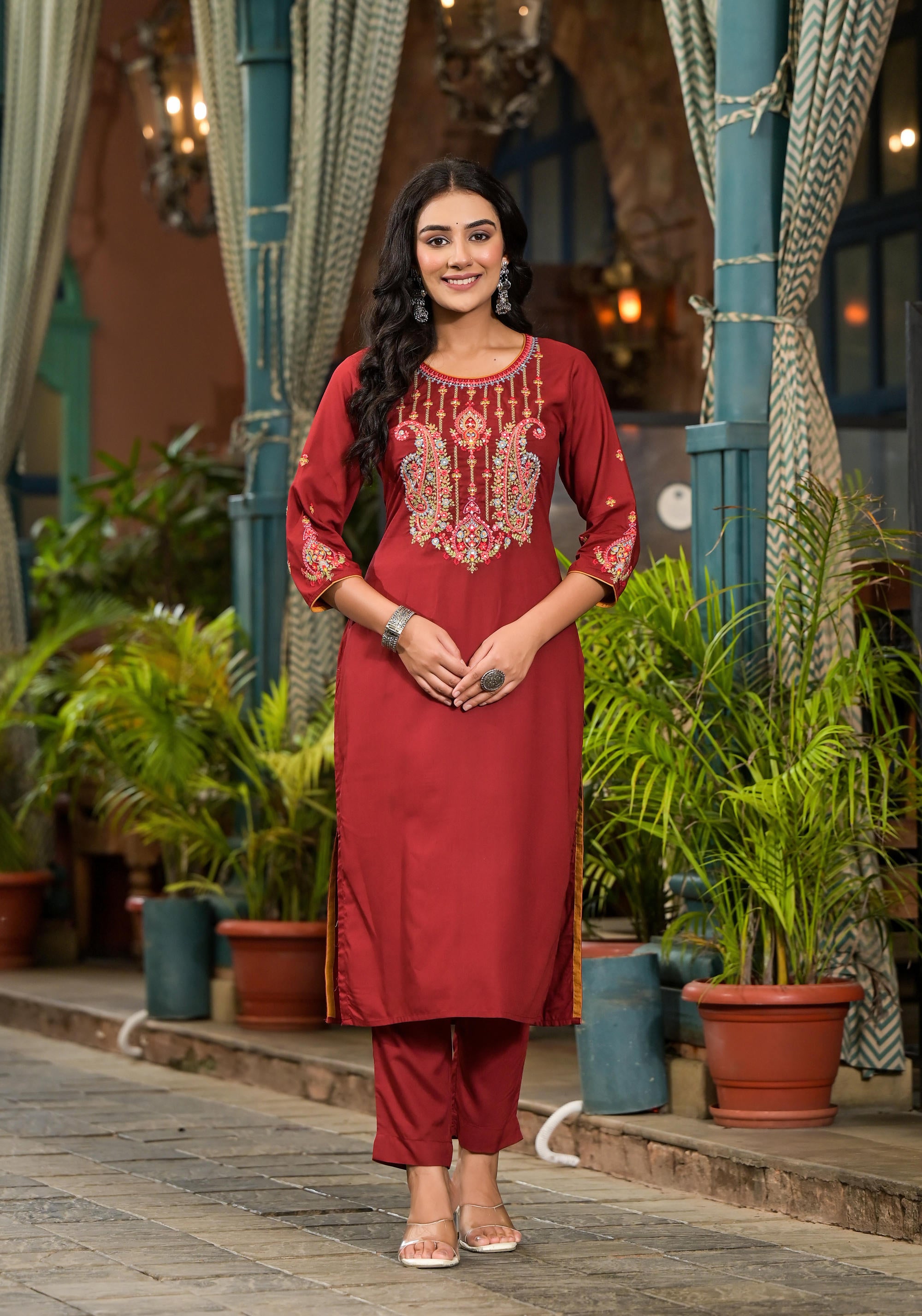 Brown Thread Embroidered Liva Rayon Kurta Pant And Dupatta Set With Sequins